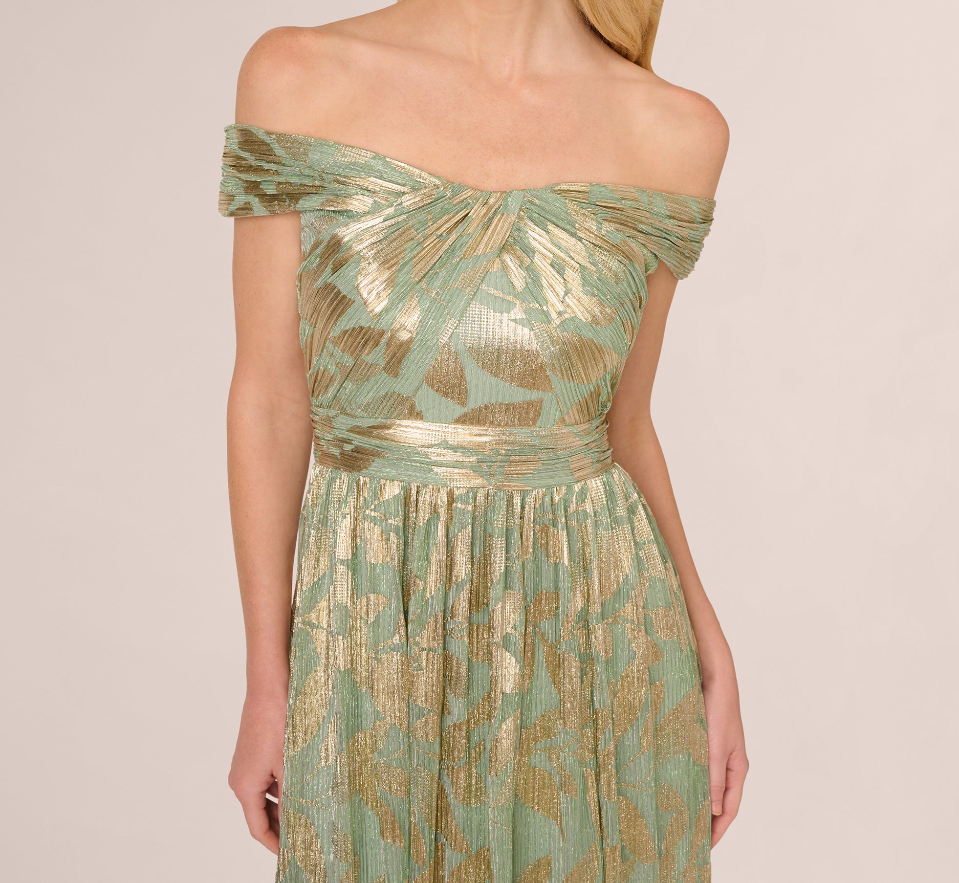 Off Shoulder Foil Leaf Crinkle Gown In Sage Gold、mySite、solidvoid