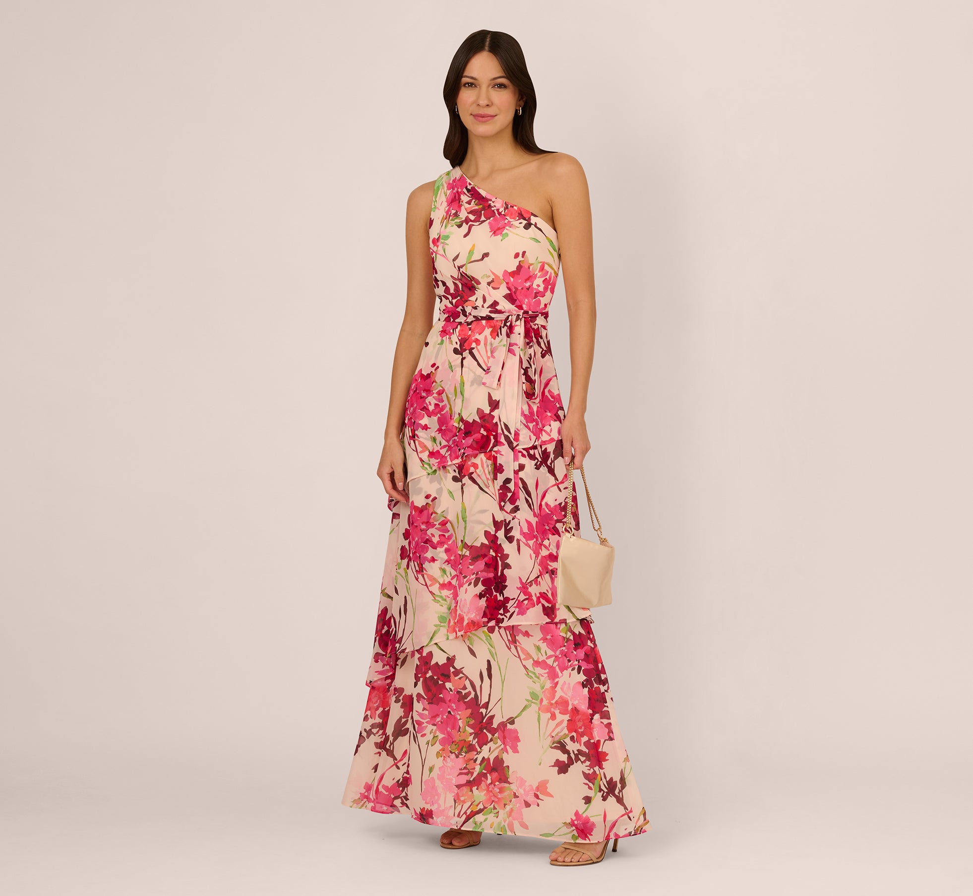 One Shoulder Floral Chiffon Tiered Gown In Alabaster Multi、mySite、solidvoid
