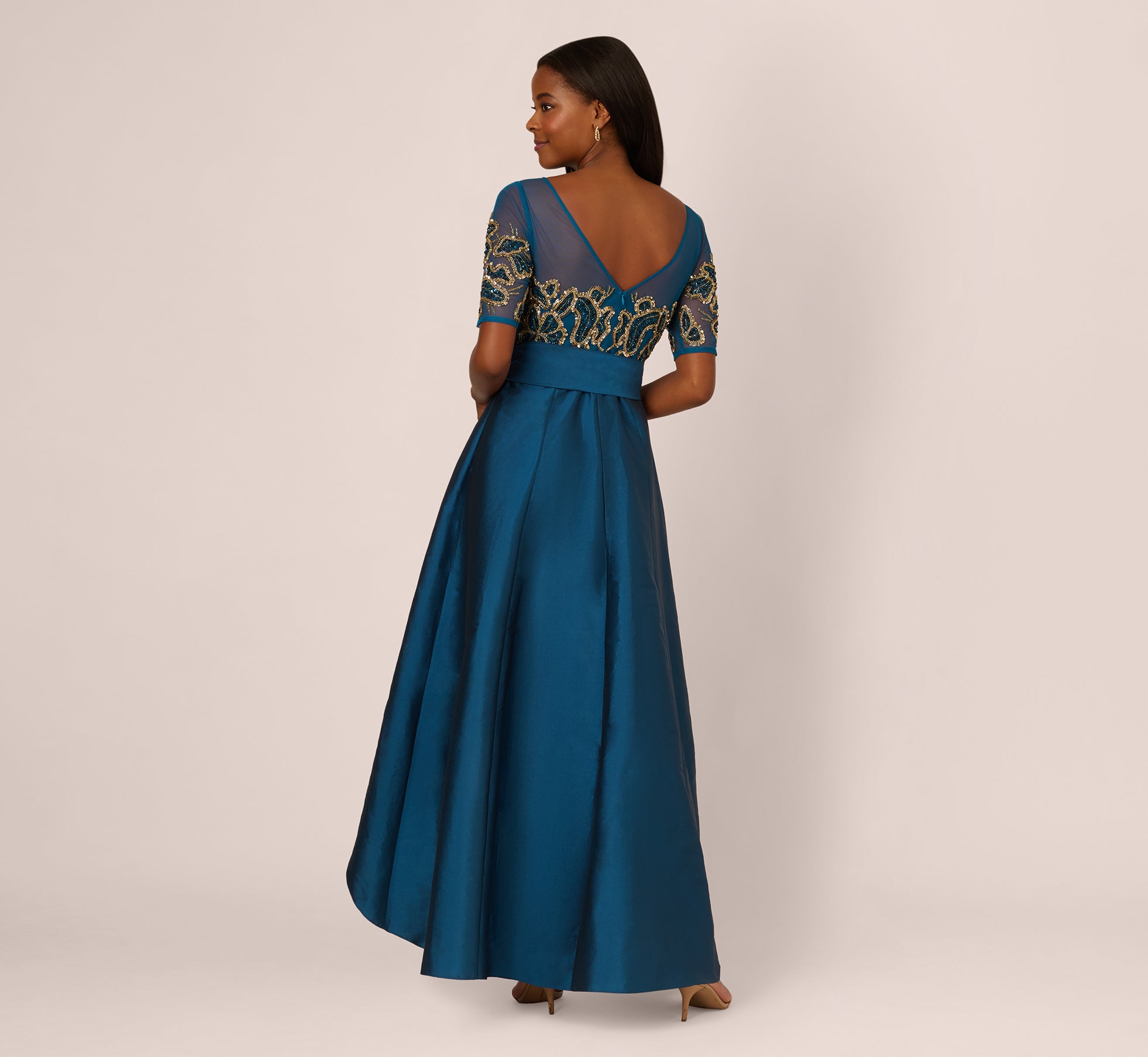 Bead Taffeta High Low Long Dress In Teal Sapphire Gold、mySite、solidvoid