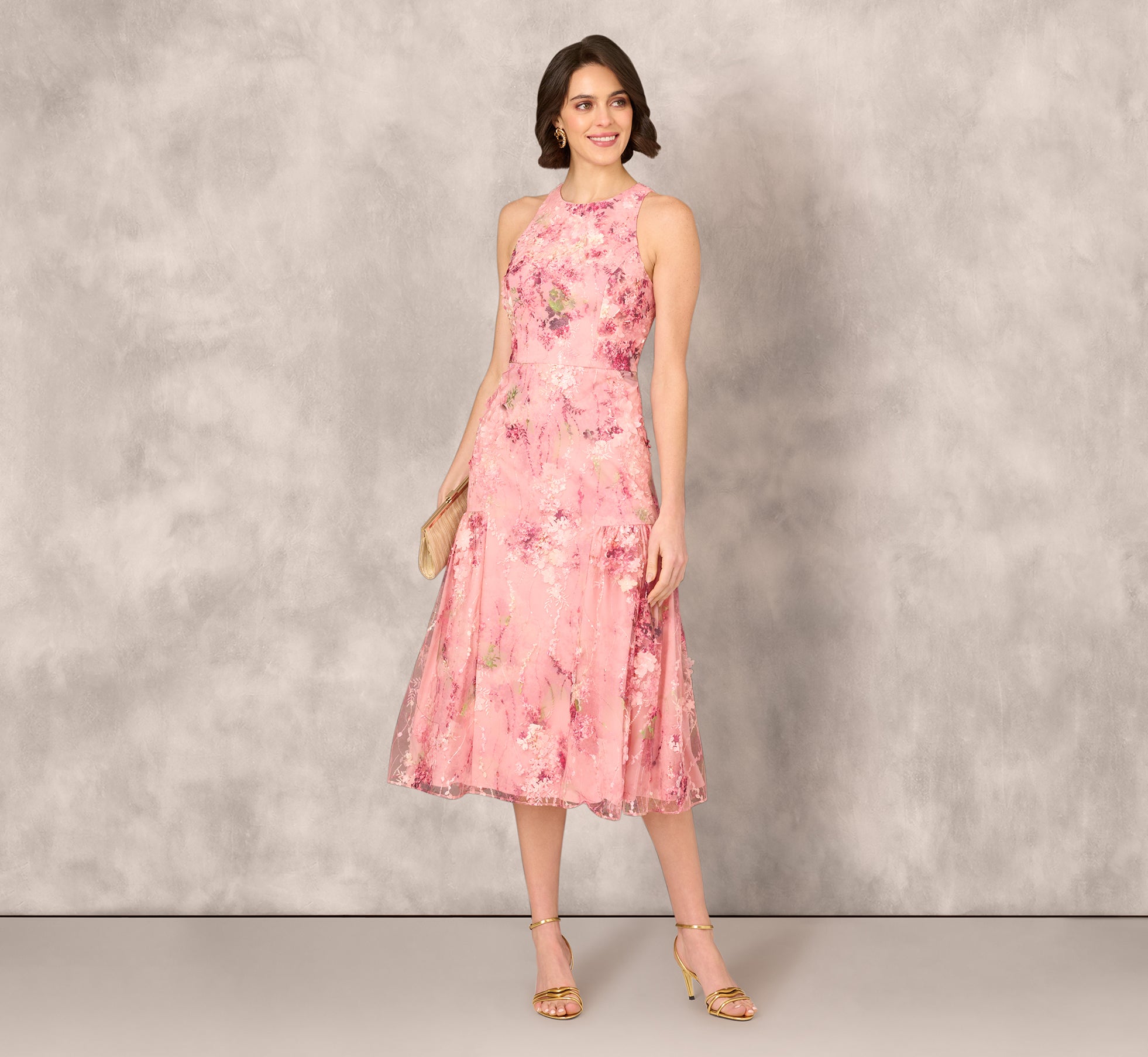 Sleeveless Embroidered Side Flounce Midi Dress In Pink Multi、mySite、solidvoid