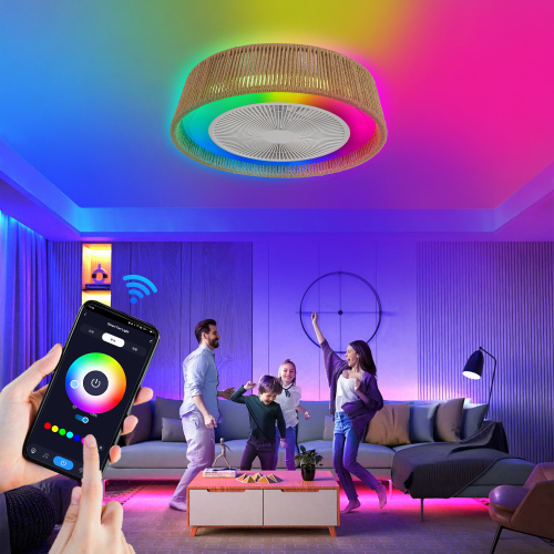 21" Modern Rustic Ceiling Fan Light with LED RGB Mood Lighting, Rope Woven Design, Quiet Fan, Semi Flush Mount for Bedroom, Living Room, or Dining Room ((Silent/6-Speed/Reversible/DC Motor))、、eastwooduniform
