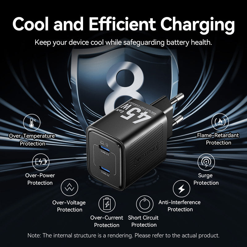 Vention 2-Port USB (C + C) GaN Charger (45W/45W) EU-Plug Black、mySite、fannypackpong