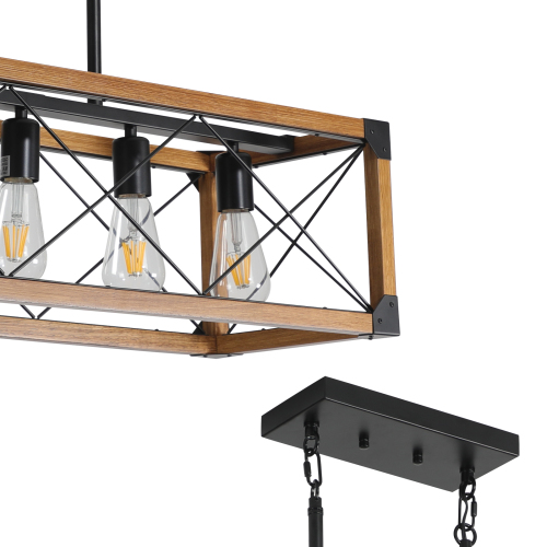 (Same as W1340P155968/L1011-RW) 32" Red Wood Industrial Farmhouse Rectangle Pendant Light, 5-Light Chandelier for Dining Room, Kitchen Island, Cafe Decor (No Bulbs)、、eastwooduniform