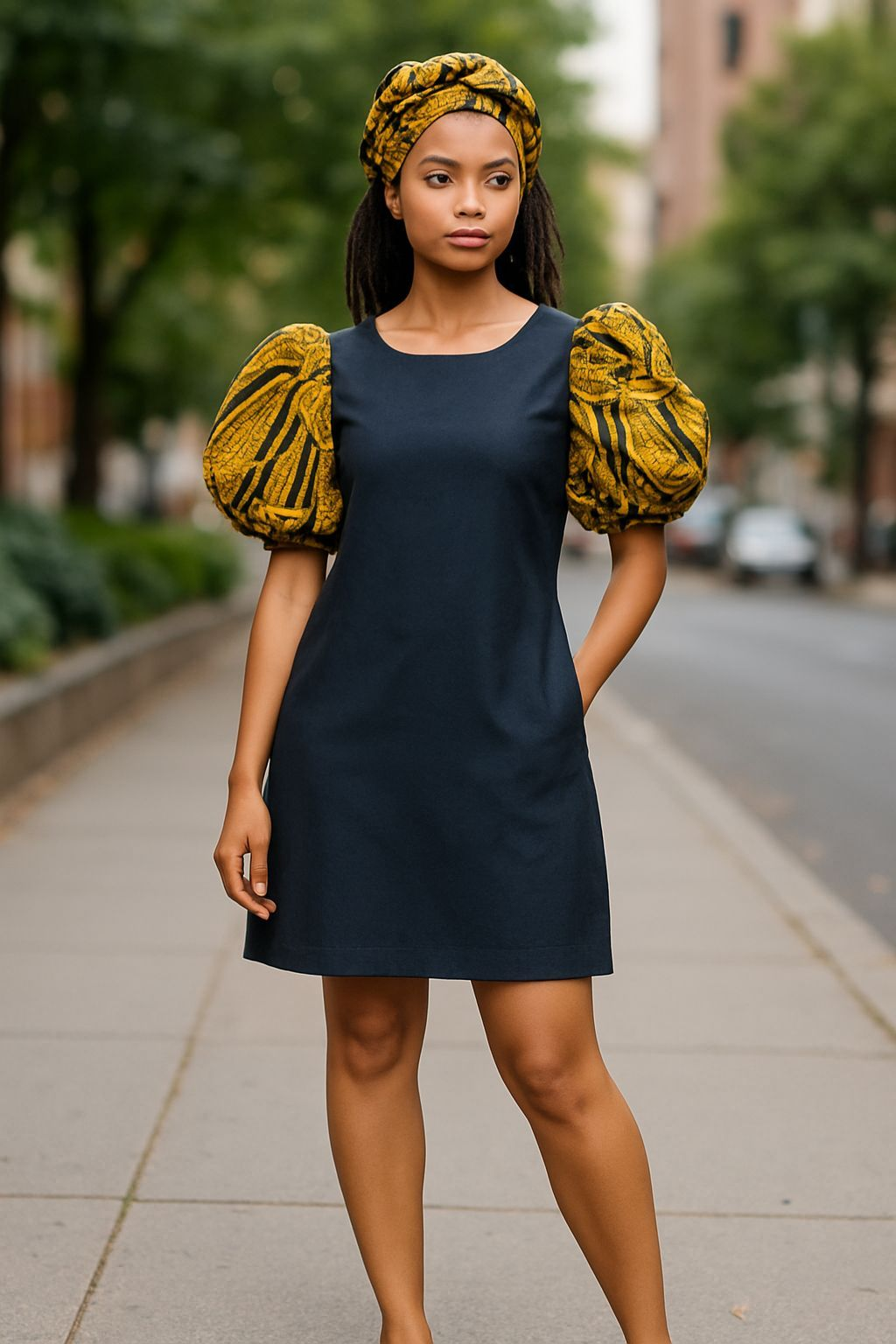 Dupsie's Nyame Nti Kente Black and Gold African Print A-Line Dress DP4091D、mySite、solidvoid