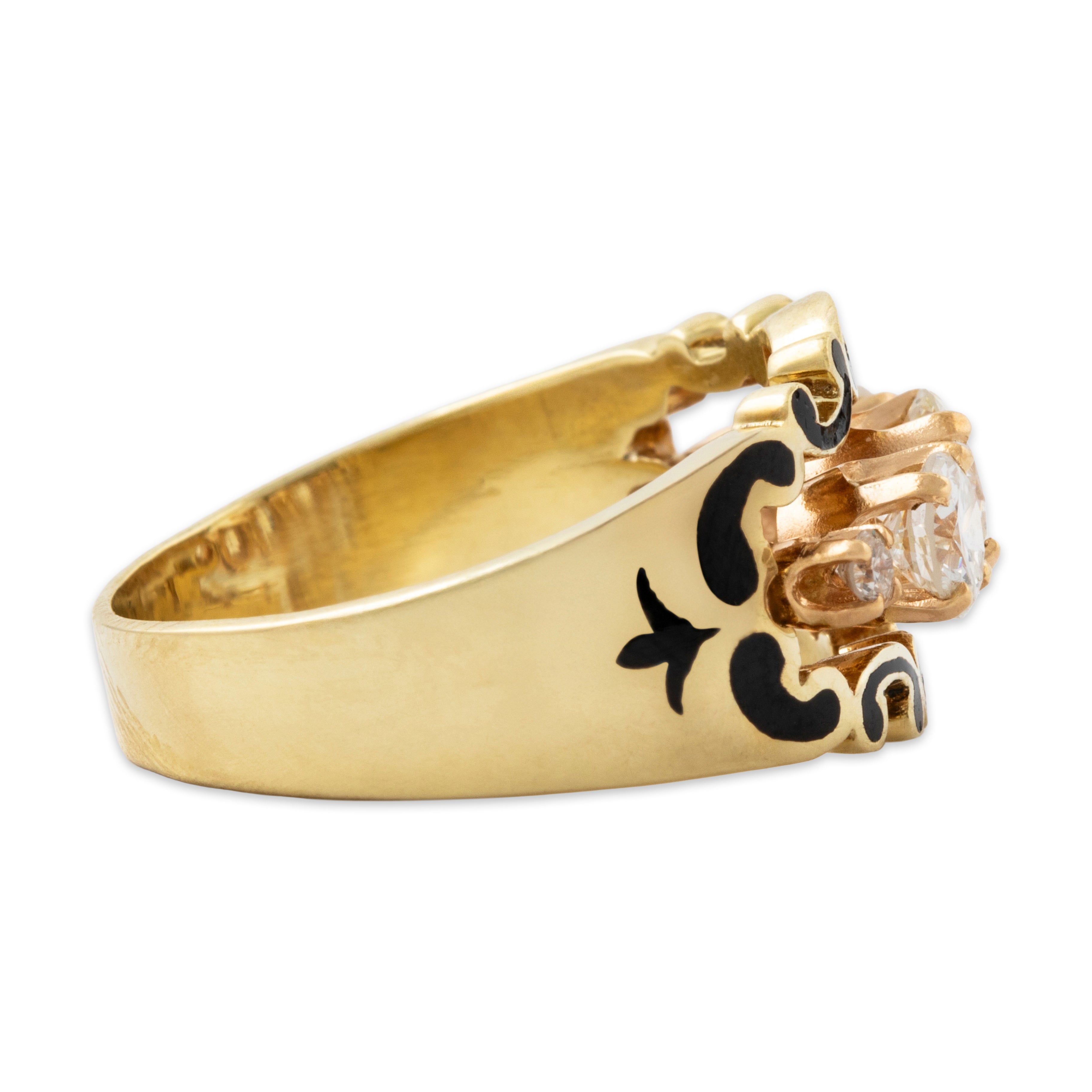 Vintage 14k Yellow Gold 1.2cttw Diamond Unusual Black Enamel Openwork Ring 6.75、mySite、hinf8tx79