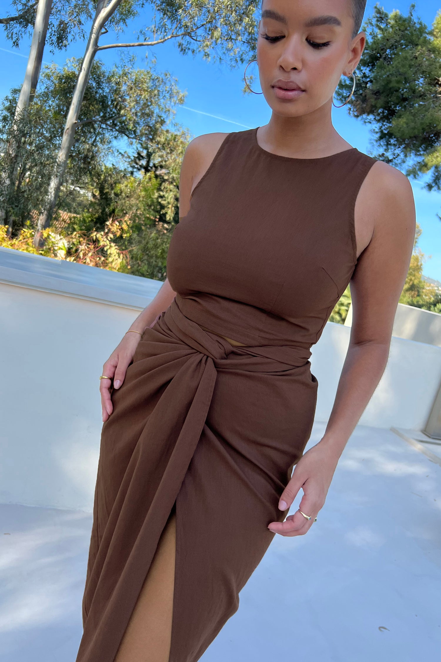 Brown Cotton Linen Racer Top、mySite、solidvoid