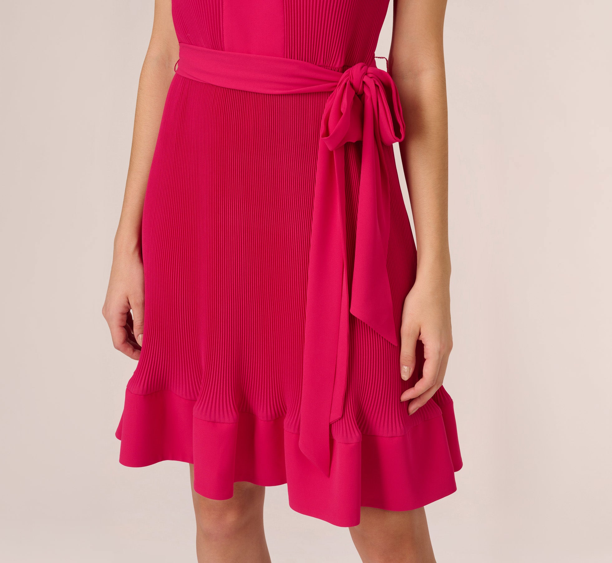 Sleeveless Pleated Dress With Self Tie Waist In Hot Pink、mySite、solidvoid