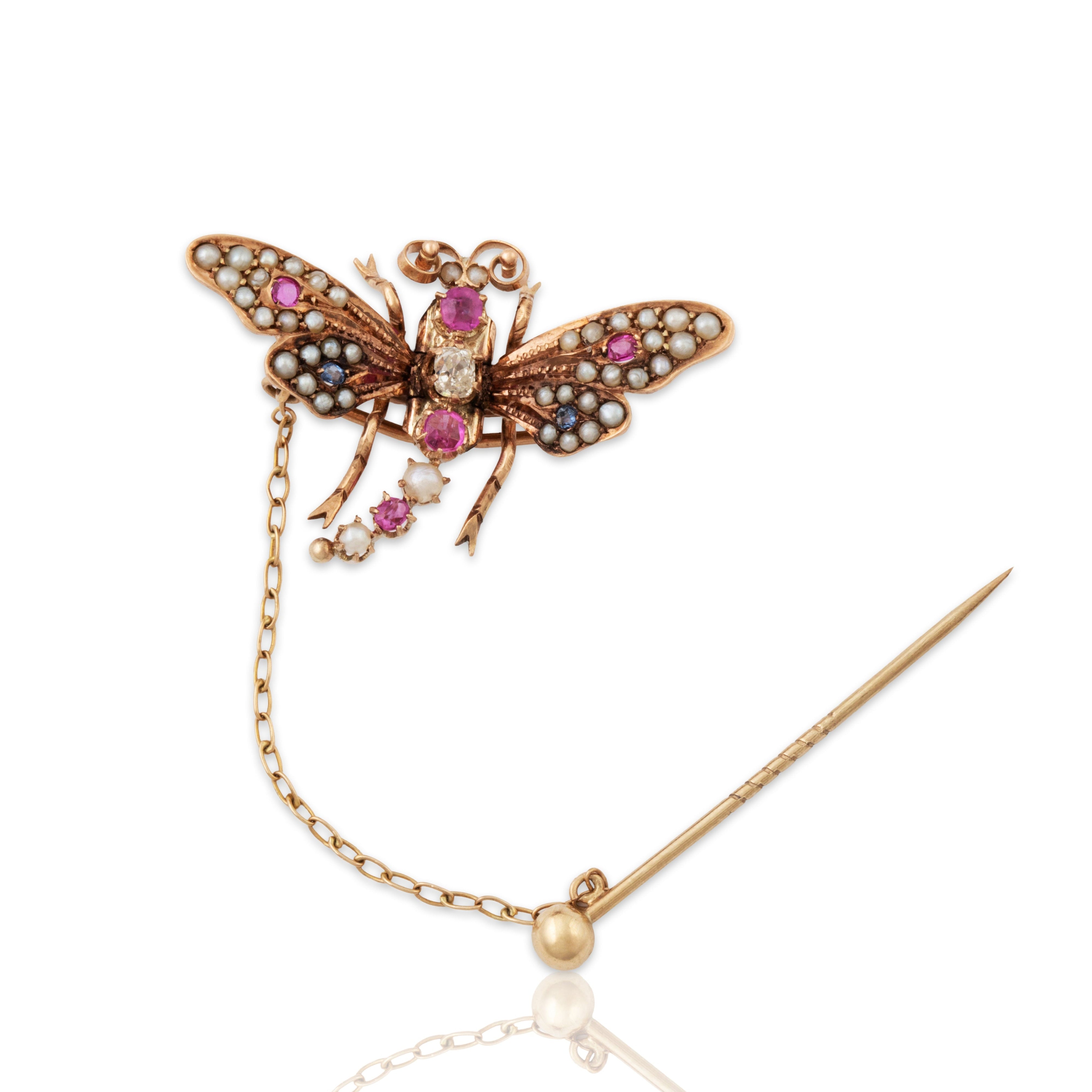 Antique 8k Rose & Yellow Gold Diamond Ruby Sapphire Pearl Figural Butterfly Pin、mySite、hinf8tx79