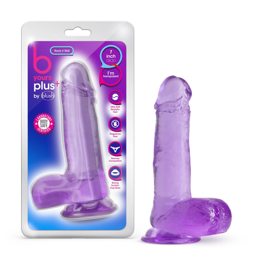 B Yours Plus By Blush® | Rock N’ Roll Realistic Purple 7.25-Inch Long Dildo With Balls & Suction Cup Base、mySite、bottomscart