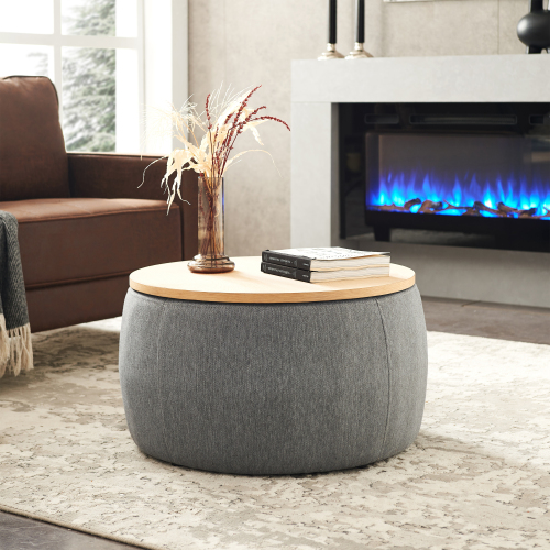 Round Storage Ottoman, 2 in 1 Function, Work as End table and Ottoman, Grey (25.5"x25.5"x14.5")、、casual