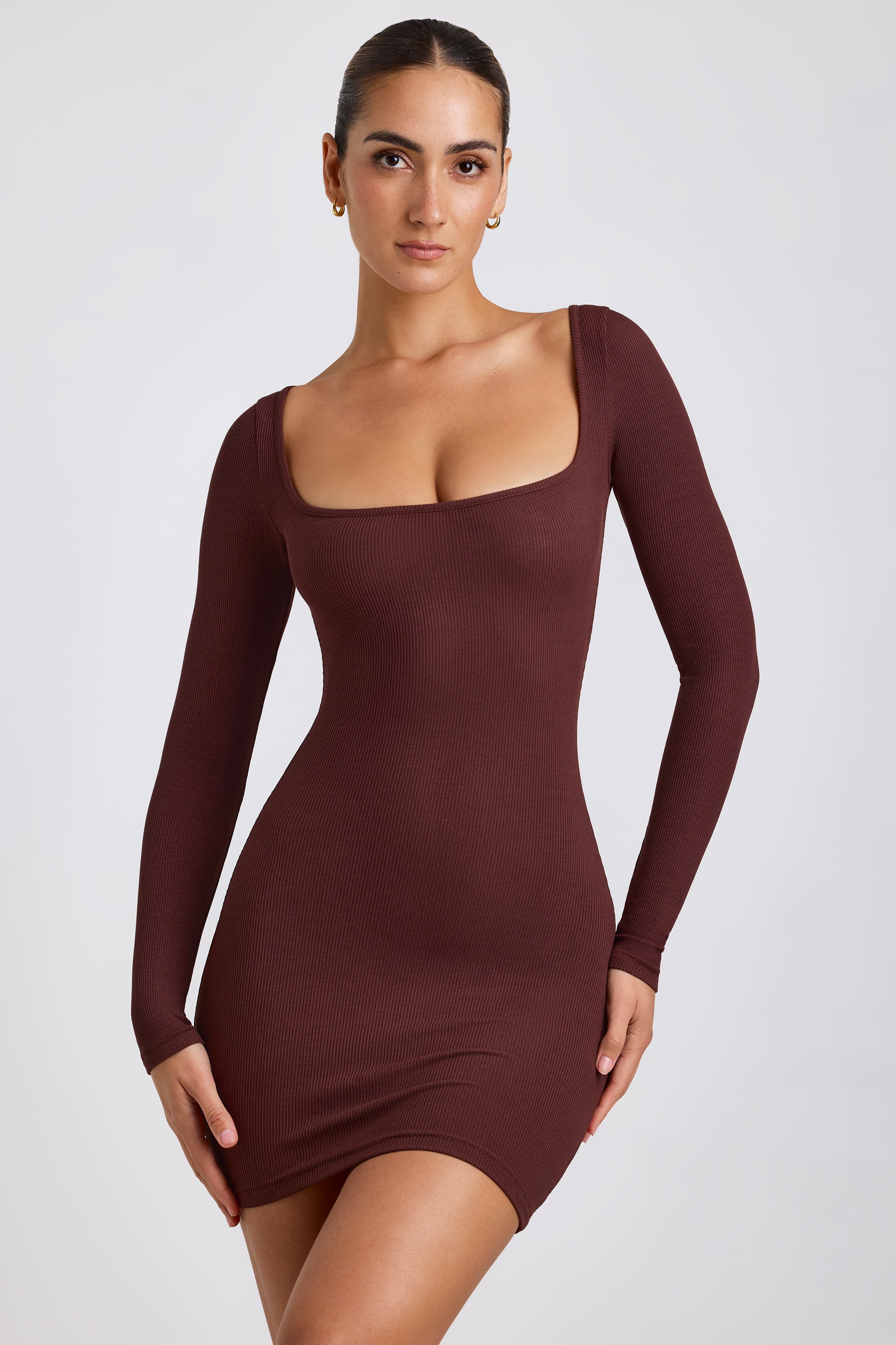 Ribbed Modal Long Sleeve Mini Dress in Chocolate、mySite、solidvoid