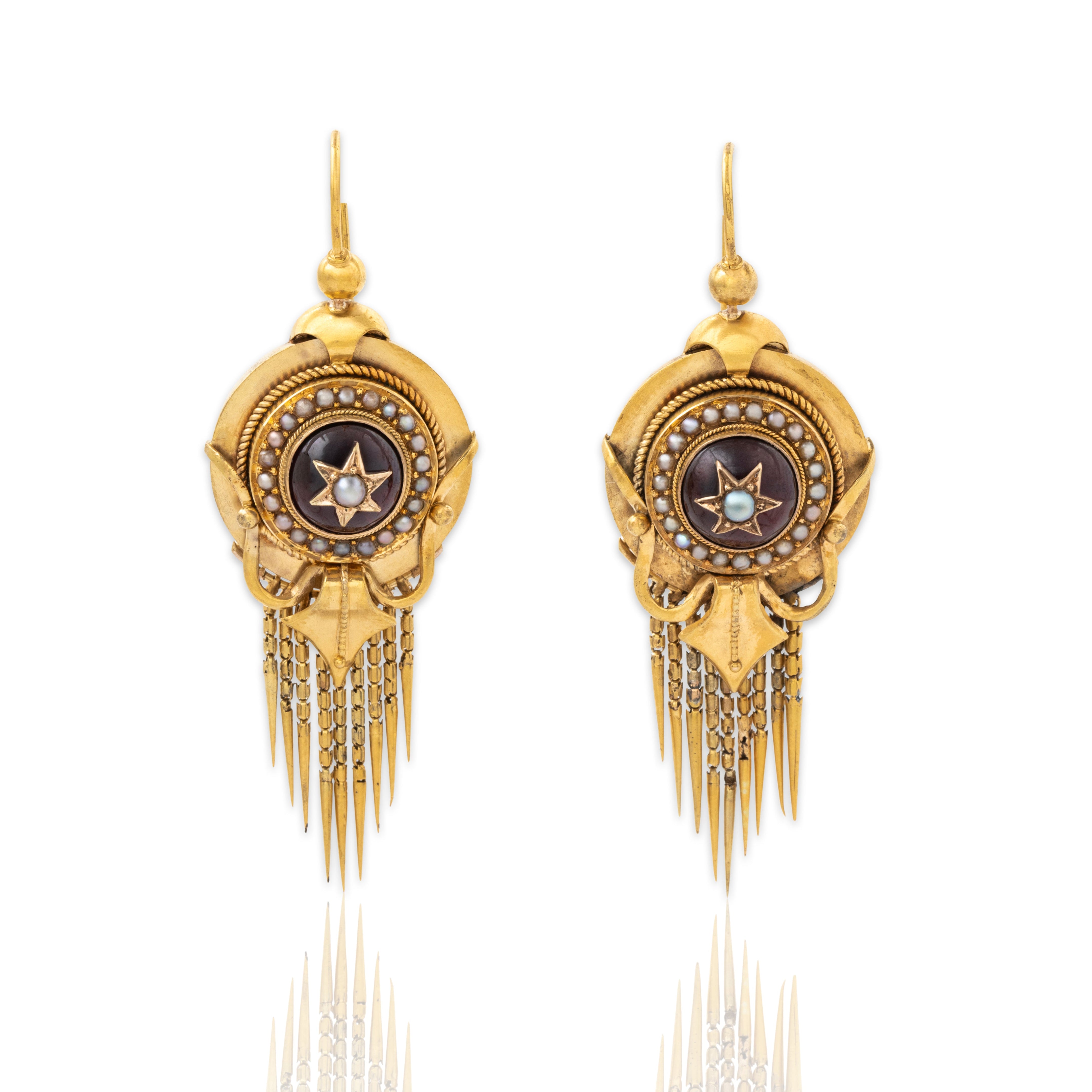 Antique Victorian 14k Yellow Gold 6.24cttw Garnet Pearl Fringed Beauty Earrings、mySite、hinf8tx79