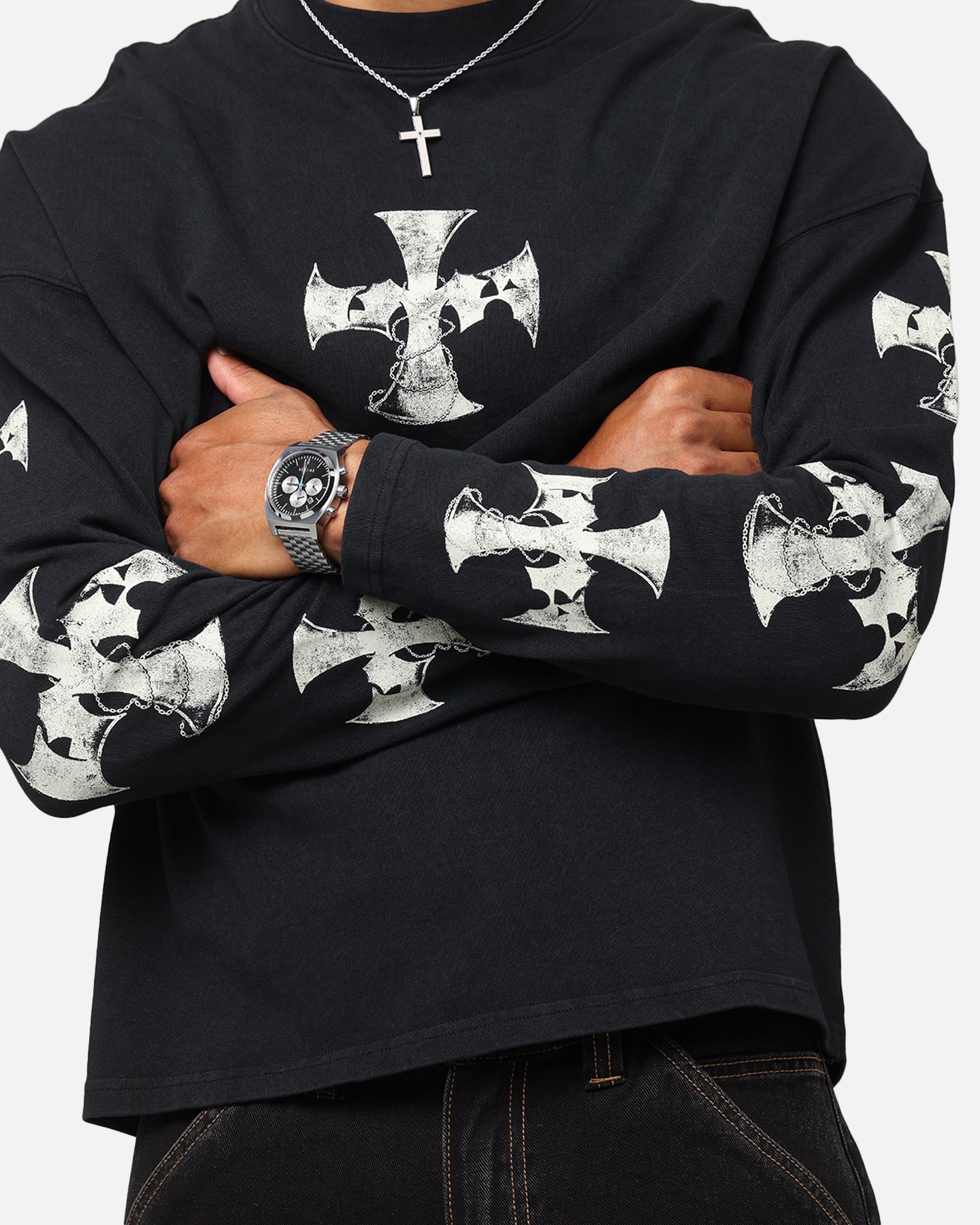 Loiter Cross Long Sleeve T-Shirt Black Acidwash、mySite、zt4zffjzw