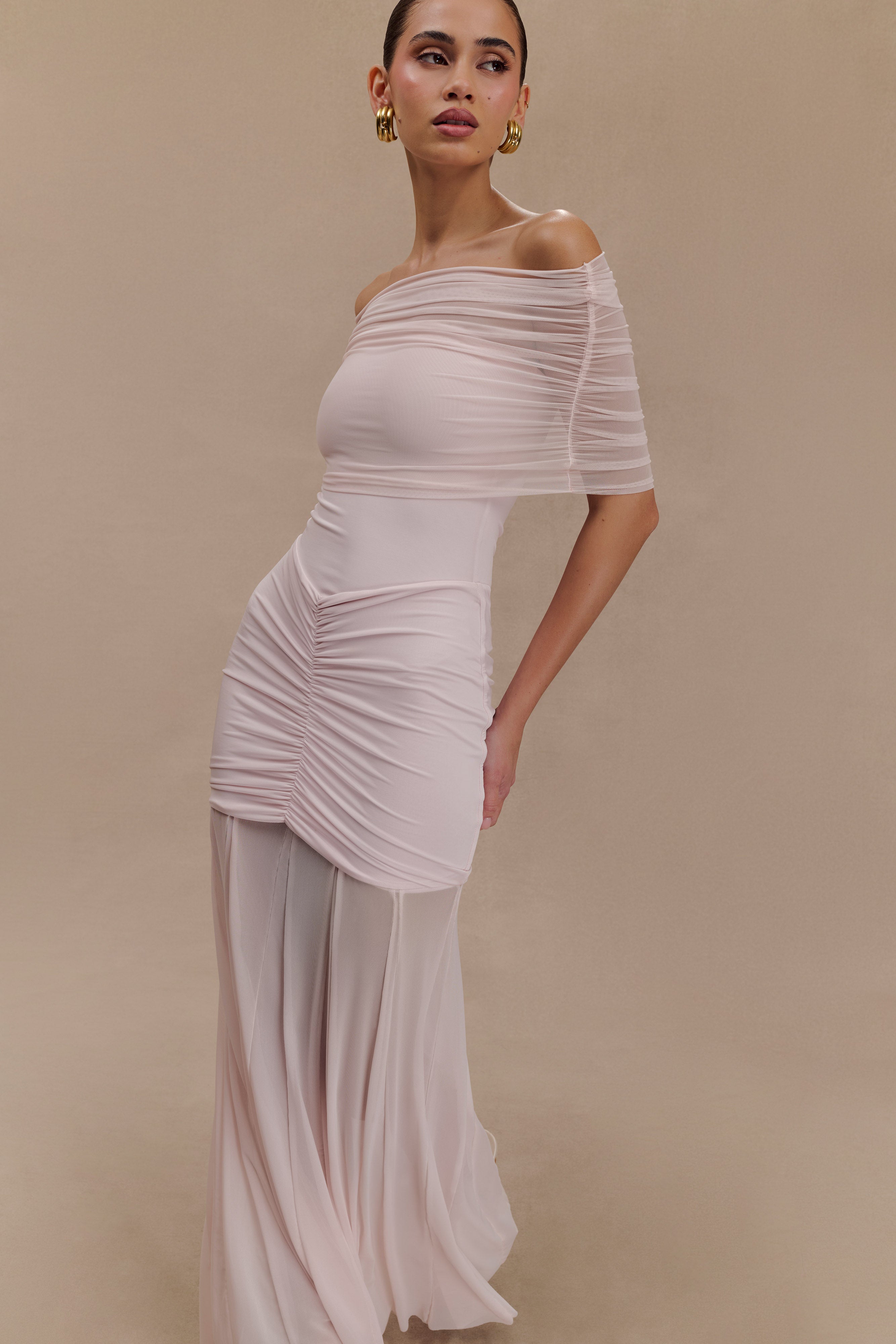 Caspian Slinky And Mesh Off Shoulder Maxi Dress - Pale Pink、mySite、solidvoid