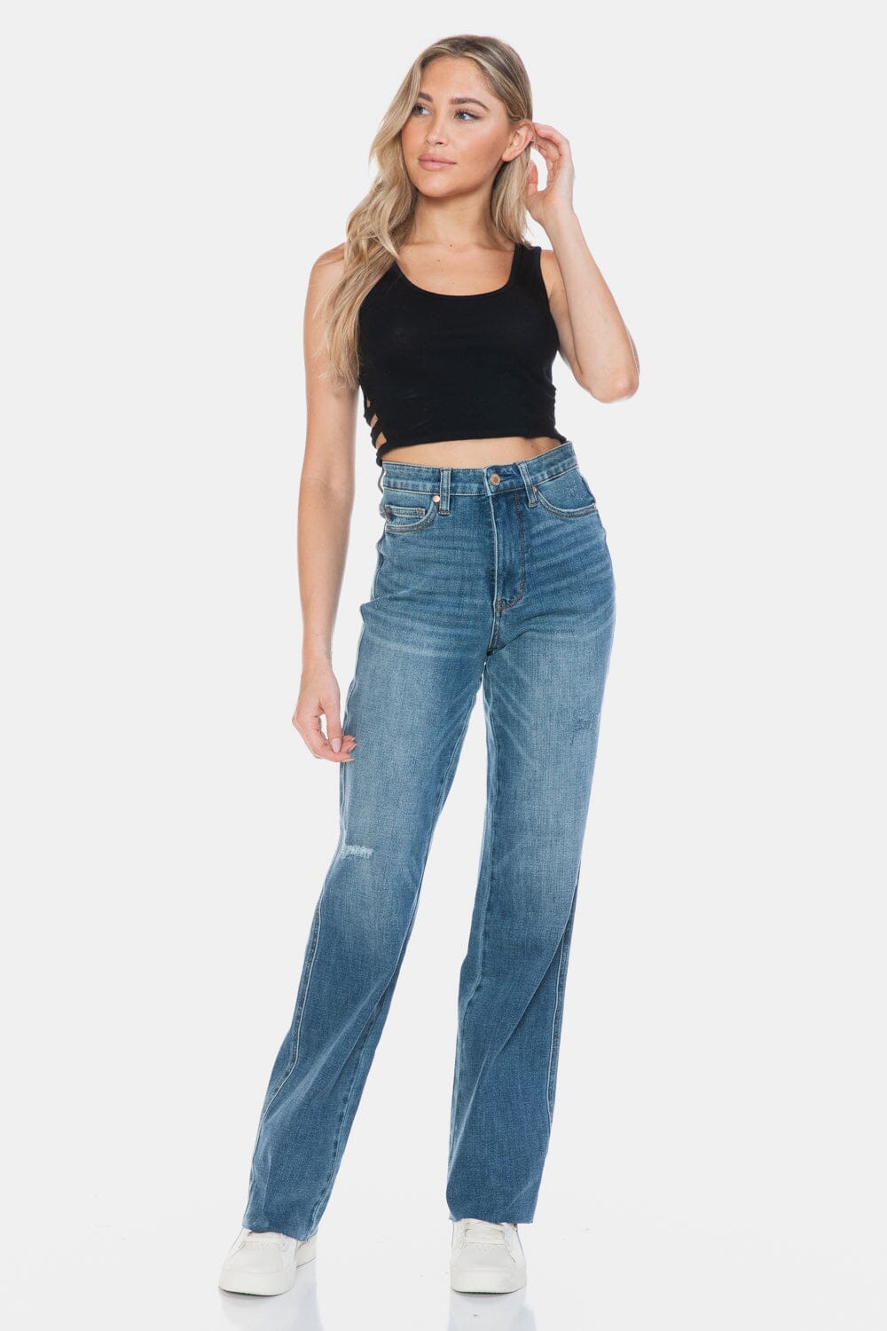 Judy Blue Full Size Tummy Control Cut Raw Hem Straight Jeans、mySite、camillekostekn