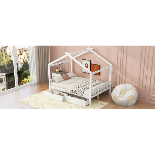 Twin Size House Platform Bed with Headboard and Footboard,Roof Design,Natural、、casual