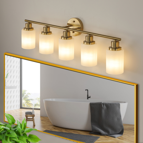 52" Modern 8-Light Vanity Wall Sconce, Golden Finish with Frosted Glass Shades for Bathroom or Hallway Lighting (No Bulbs)、、eastwooduniform