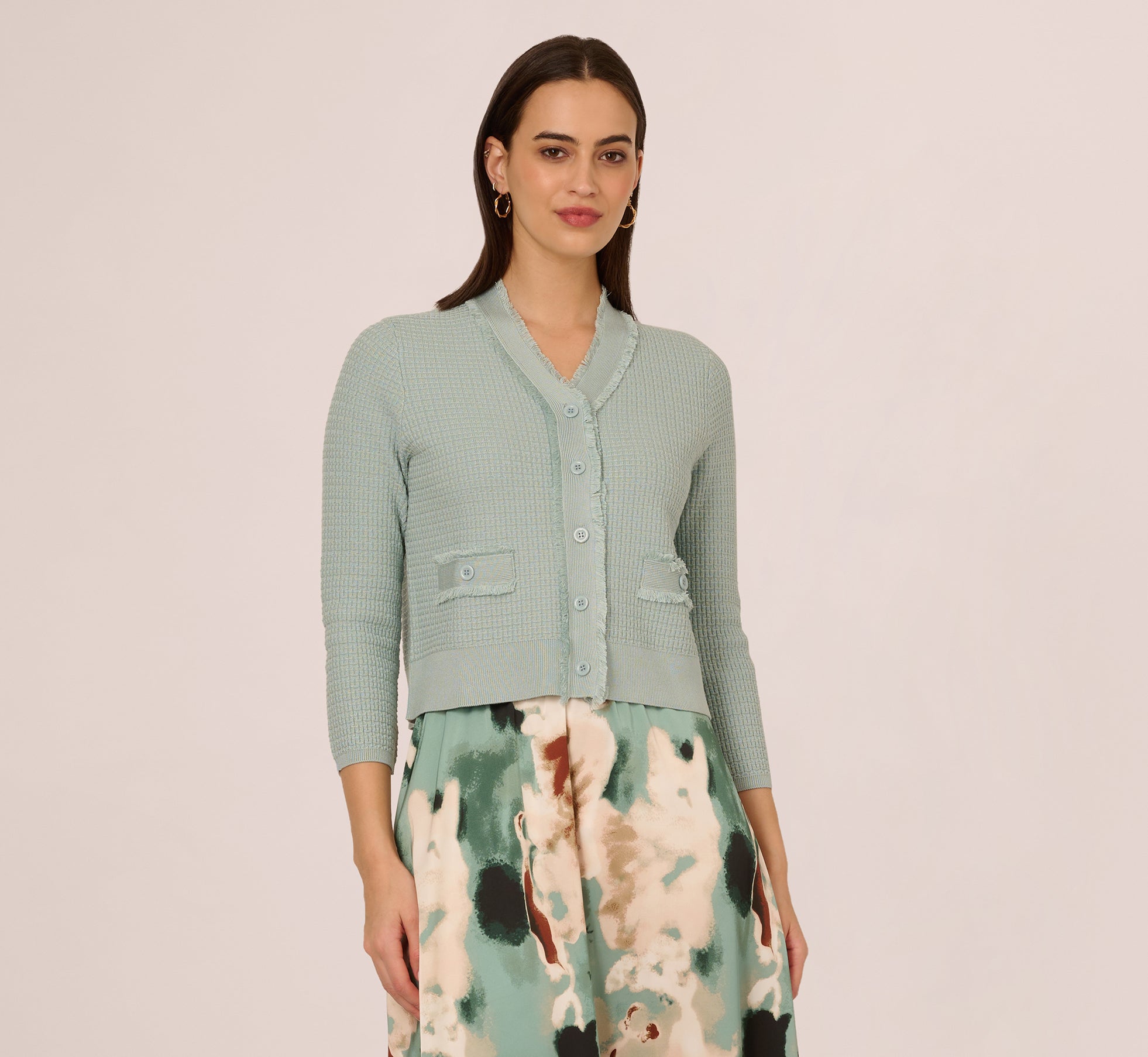 Waffle Knit Cardigan Sweater With Frayed Edges In Dusty Seamist、mySite、solidvoid