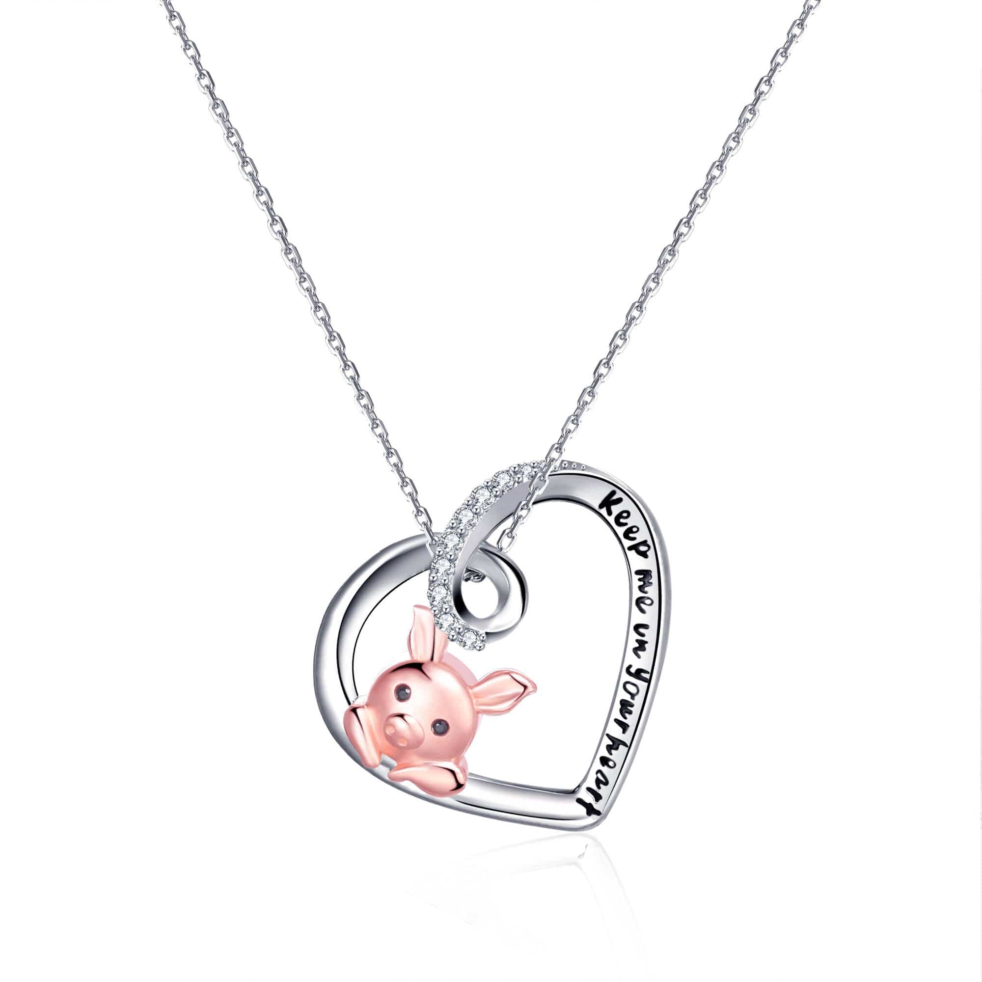 Pink Pig In Heart Necklace-Keep me in your heart Moissanite, Special Plating!、mySite、g9winljtr