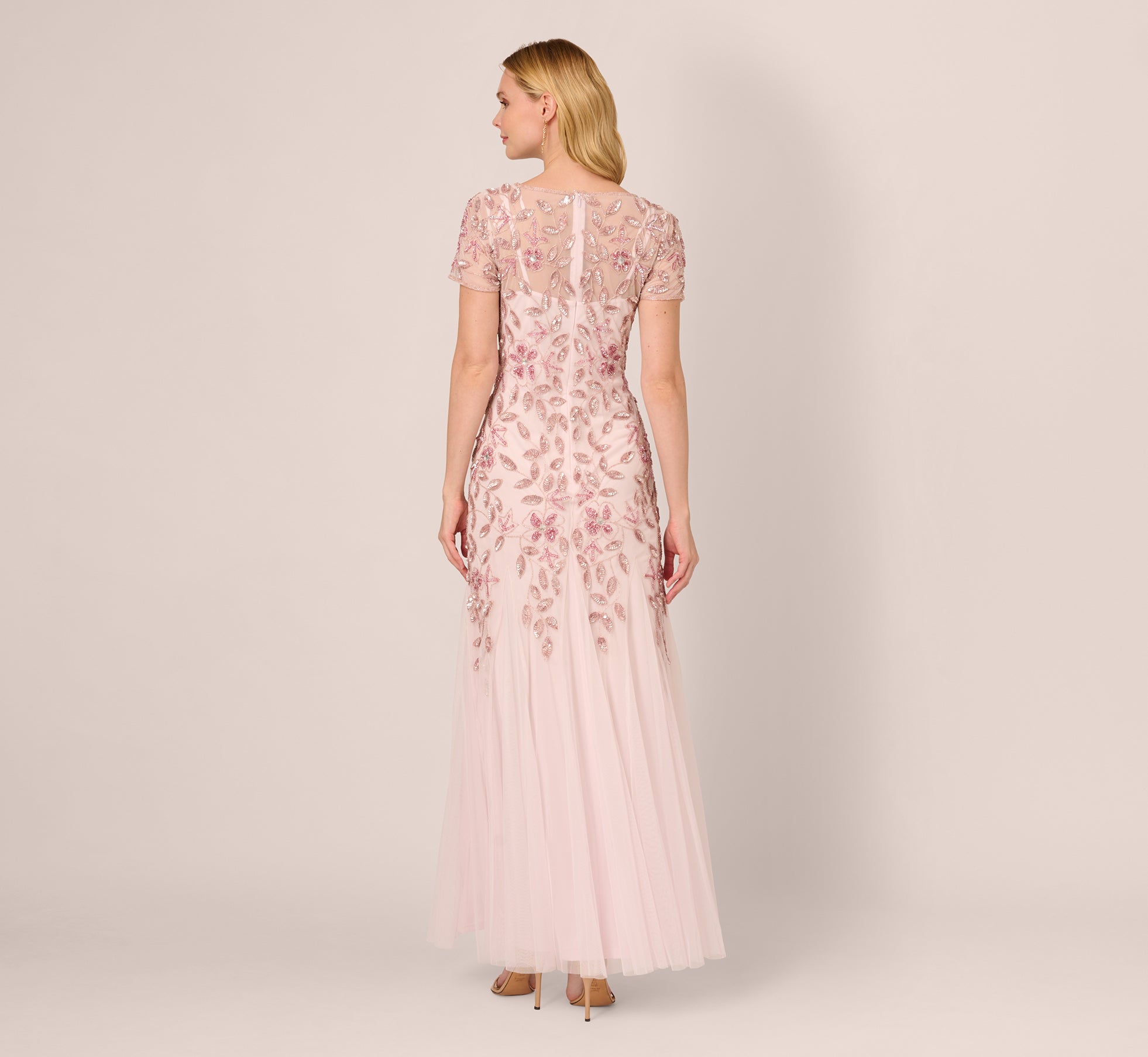 Hand Beaded Short Sleeve Floral Godet Gown In Blush Pink、mySite、solidvoid