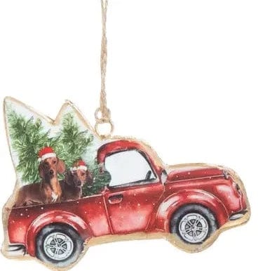 Doxie's in Pick-up Truck with Tree - Metal Ornaments、mySite、g9winljtr