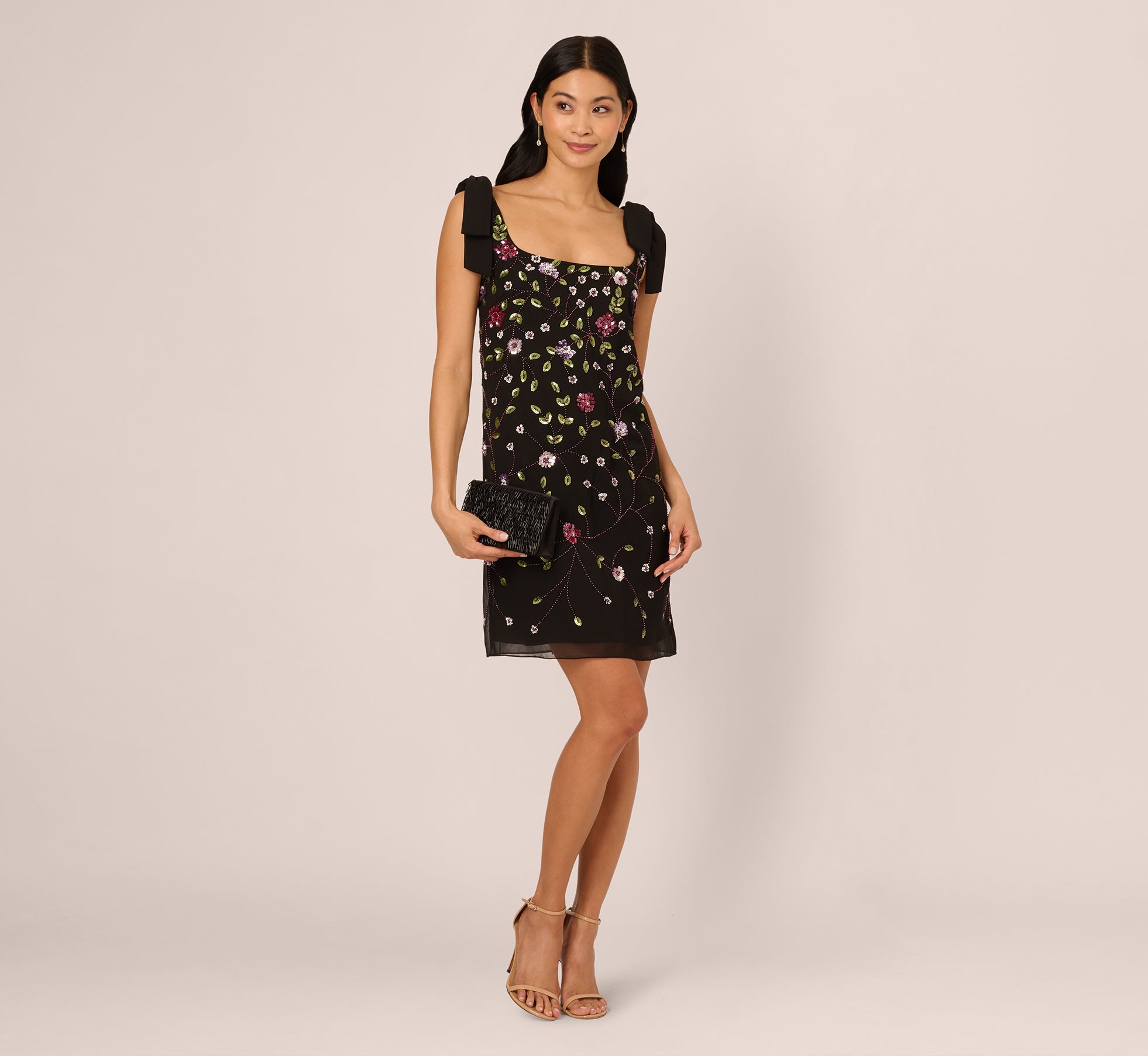 Bow Shoulder Floral Beaded Sheath Dress In Black Multi、mySite、solidvoid