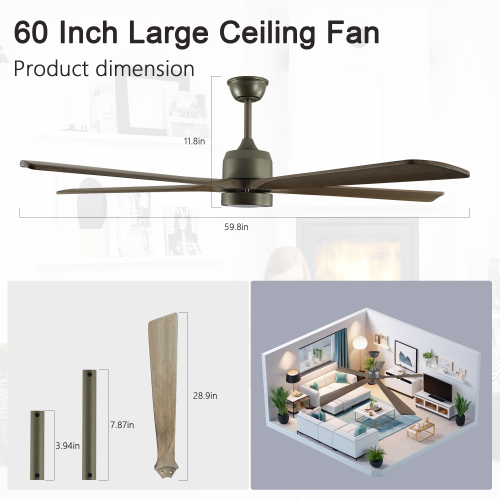 65 Inch Black Ceiling Fan with Light, 5-Blade Dimmable LED Ceiling Fan with Remote Control, Modern Quiet Design for Living Room and Bedroom (Silent/6-Speed/Reversible/DC Motor)、、eastwooduniform