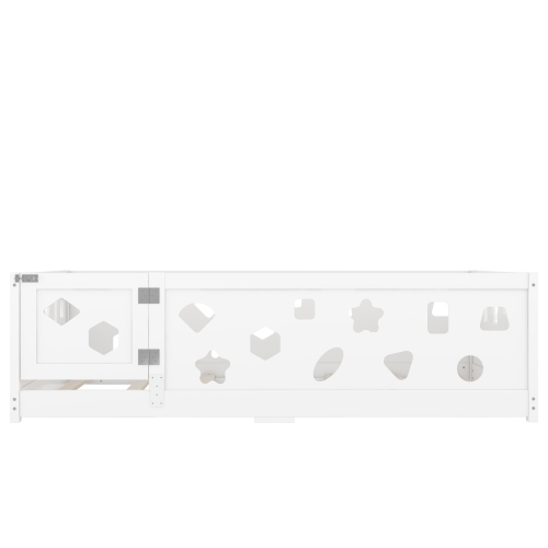 Twin Size Floor Bed with Heightened Safety Guardrails and Door, Solid Wood Bedframe with Rails for Girls, Boys, Teens, Child Bedroom, Kids Playroom, No Slats Included, White、、casual