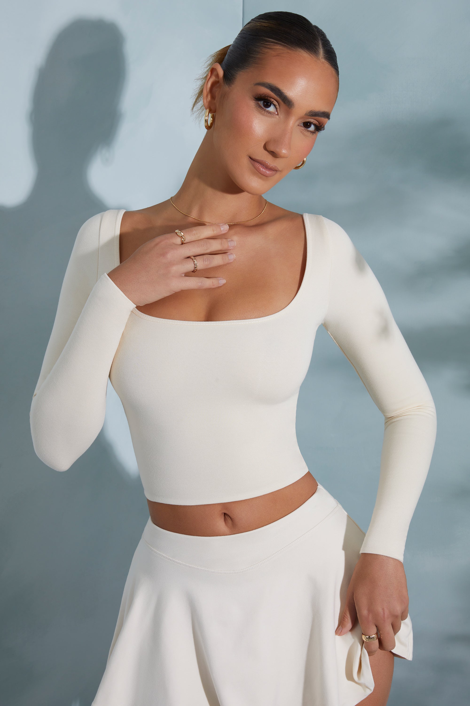 Rounded Square Neck Long Sleeve Top in Ivory、mySite、solidvoid