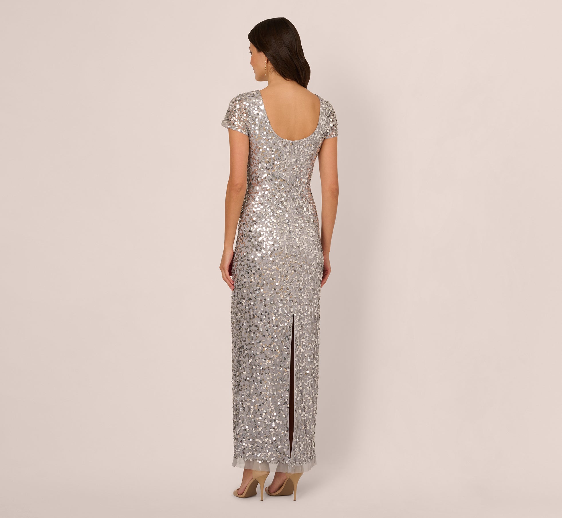 Short Sleeve Bead And Sequin Gown In Silver Mist、mySite、solidvoid