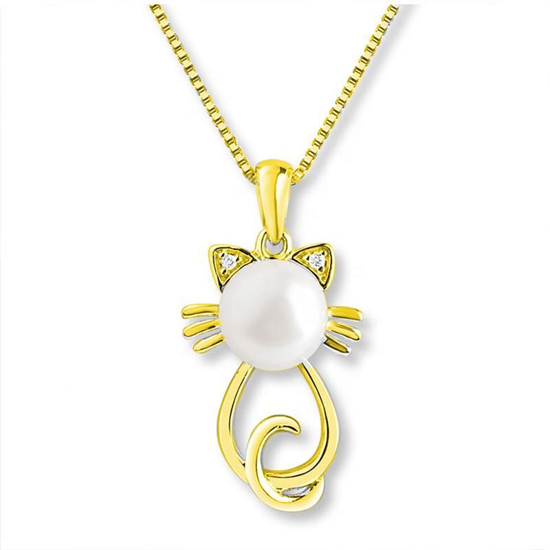 Beautiful Pearl Cat Jewelry Sterling Silver Necklace、mySite、g9winljtr