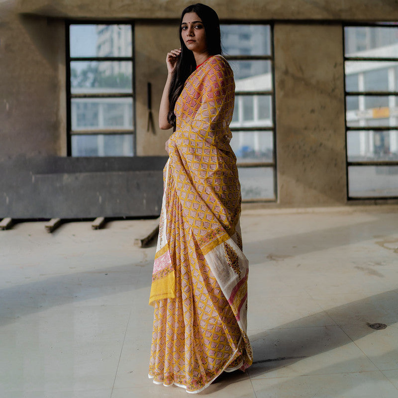 Festive Wear | Kota Doria Sanganeri Print Saree | Orange、mySite、camillekostekn