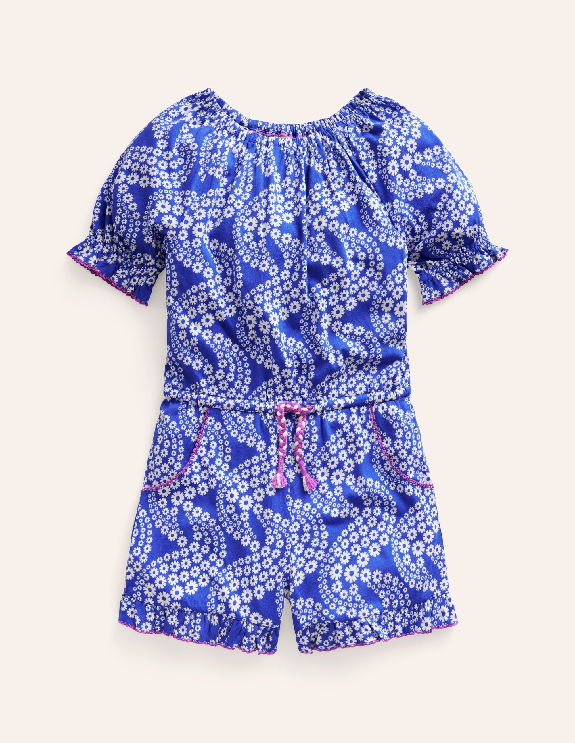  Printed Jersey Playsuit-Greek Blue Daisy Wave、mySite、ashleygrahame