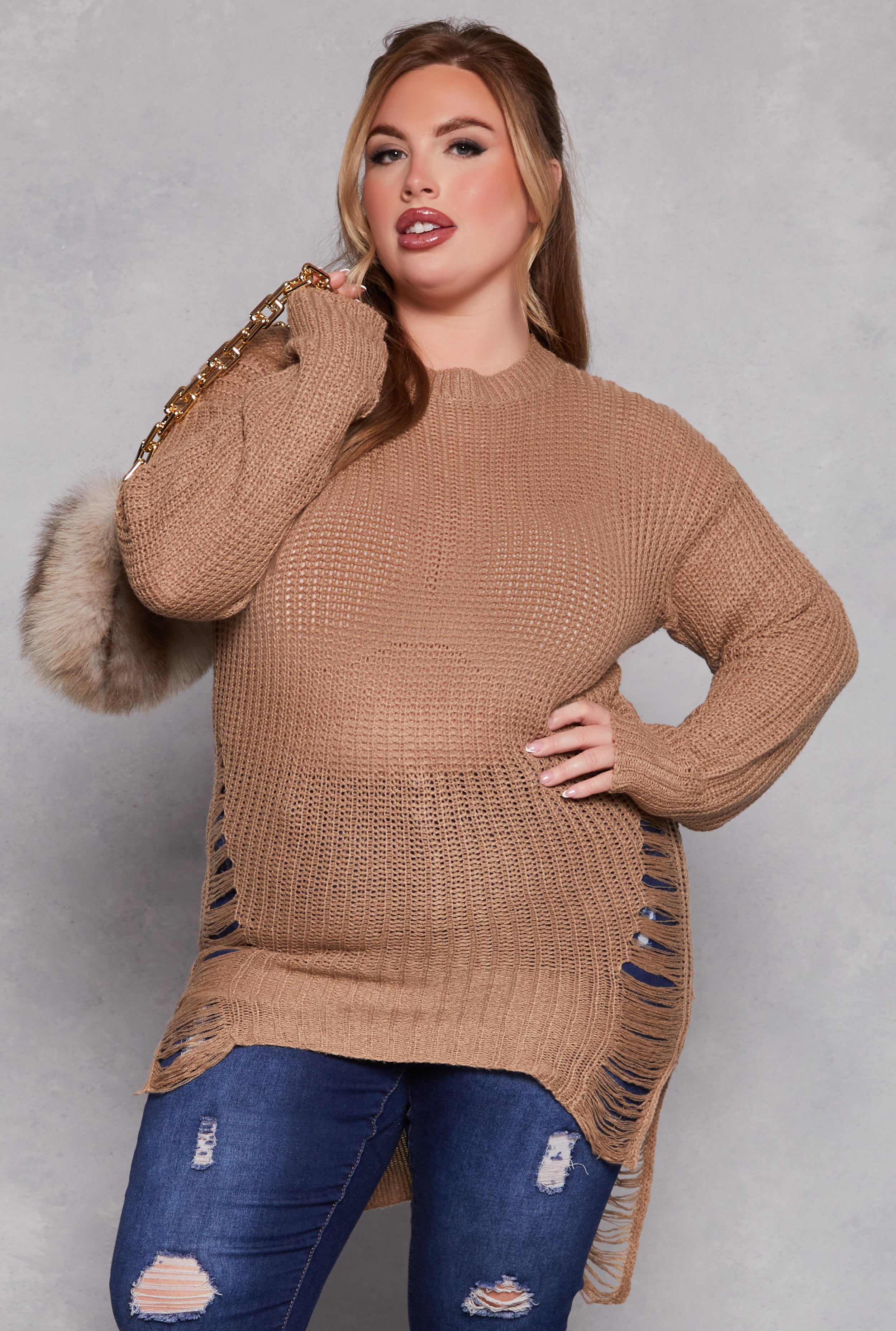 Plus Size Distressed Crew Neck Sweater、mySite、camillekostekn