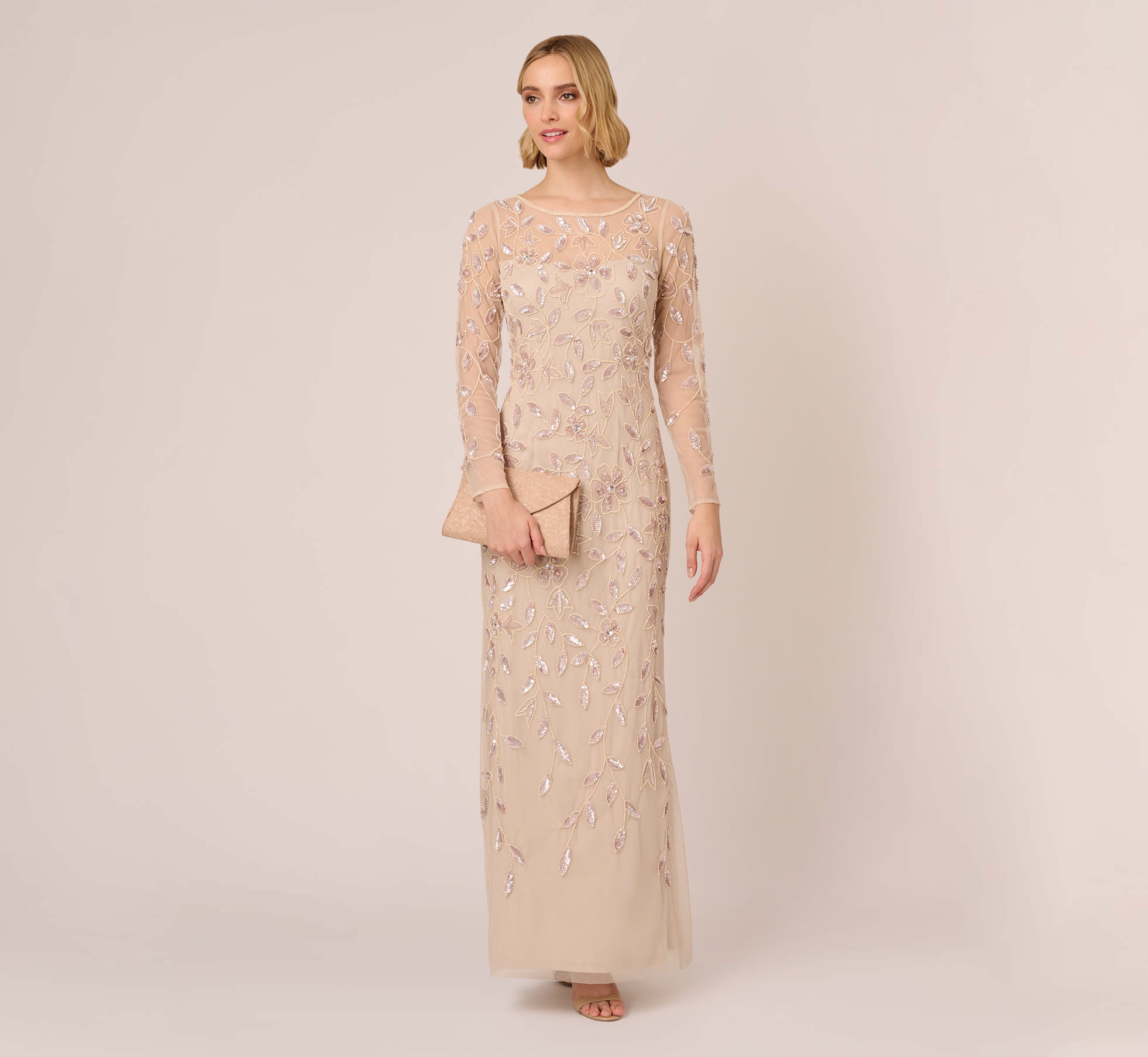 Illusion Floral Beaded Gown With Sheer Long Sleeves In Latte、mySite、solidvoid