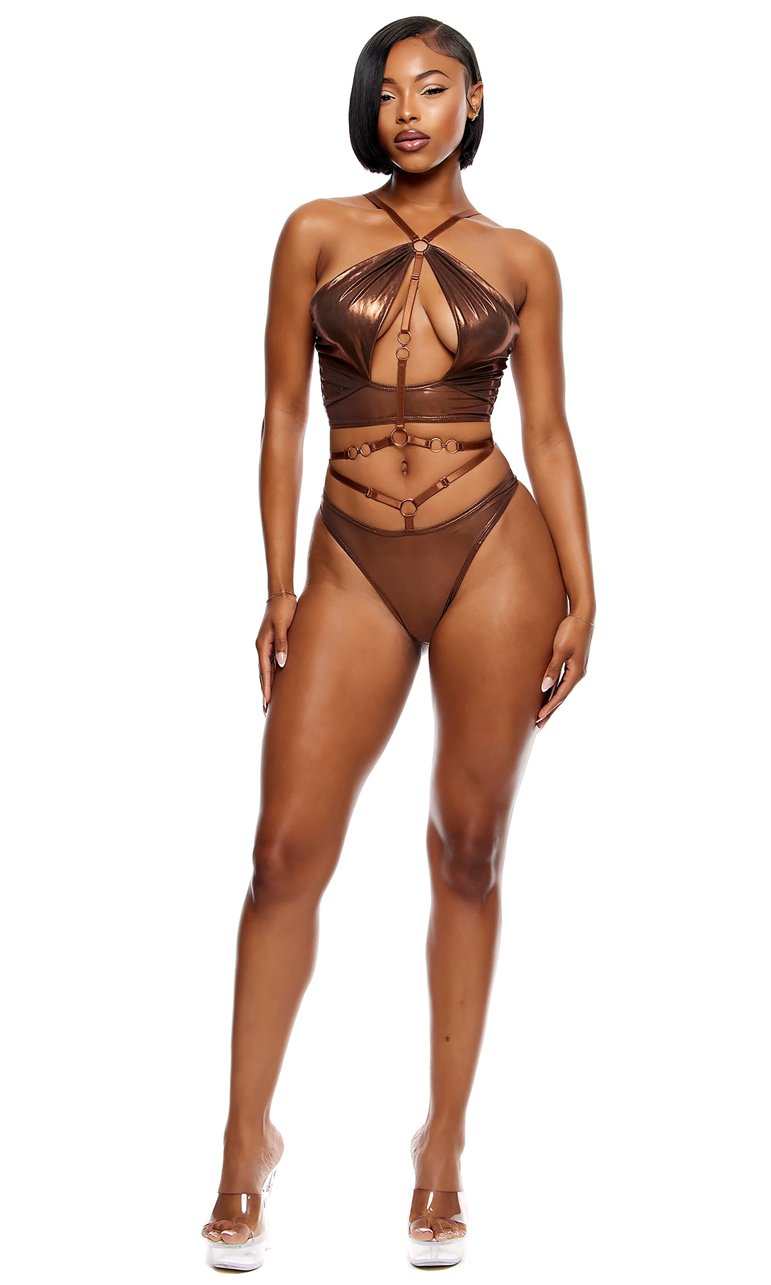 Liquid Metal Metallic Mesh Halterneck Bra Lingerie Set - Copper、mySite、bengalsvssteelers