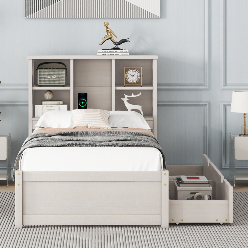 Modern Twin Size Bed Frame With Built-in USB Port on Bookcase Headboard and 2 Drawers for Grey Color、、xpatfood