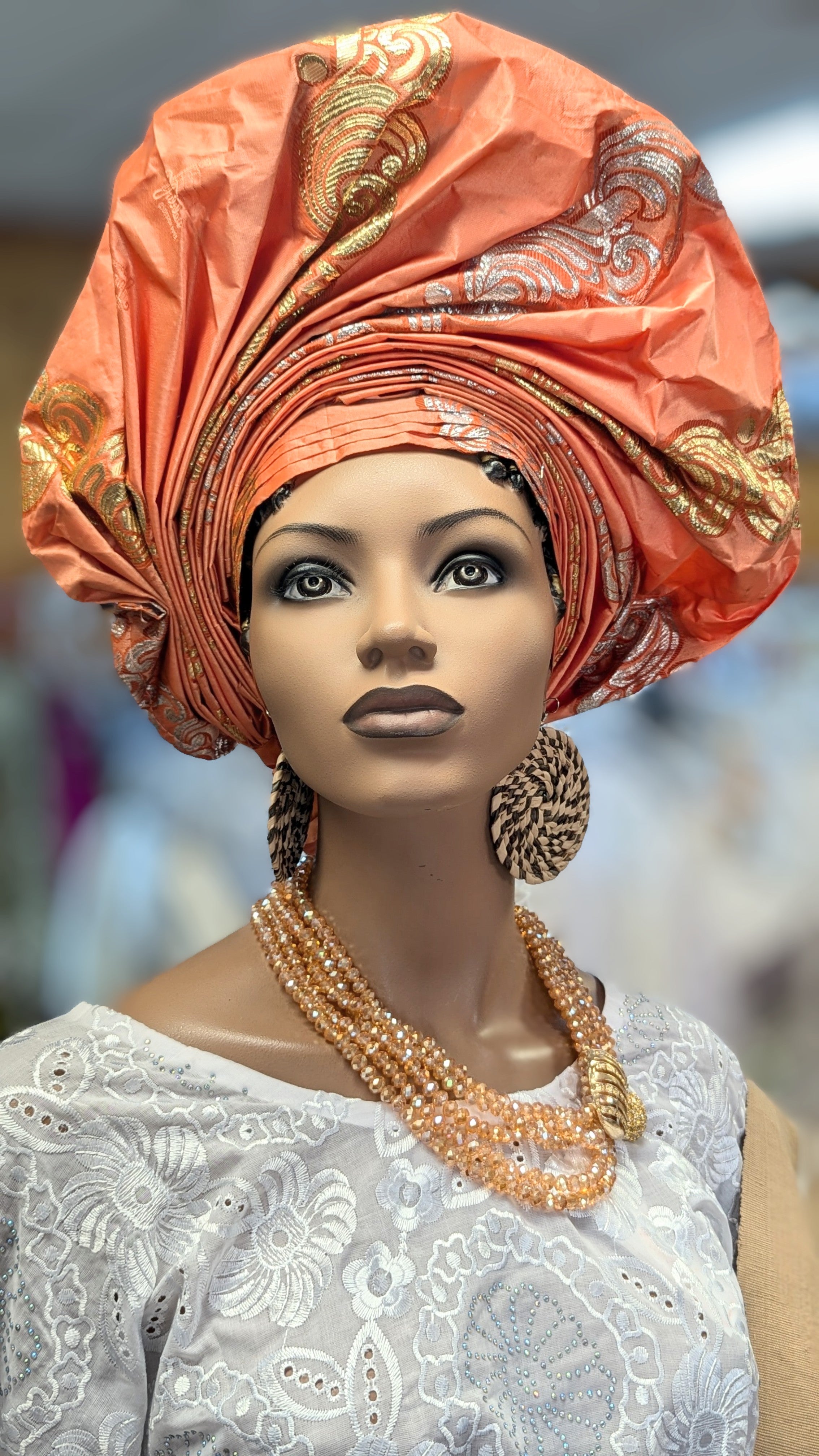 Dupsie's Peach Gold Silver Nneoma Crown Autogele Pre-tied ready Gele Head Wrap DPAGHT10、mySite、solidvoid