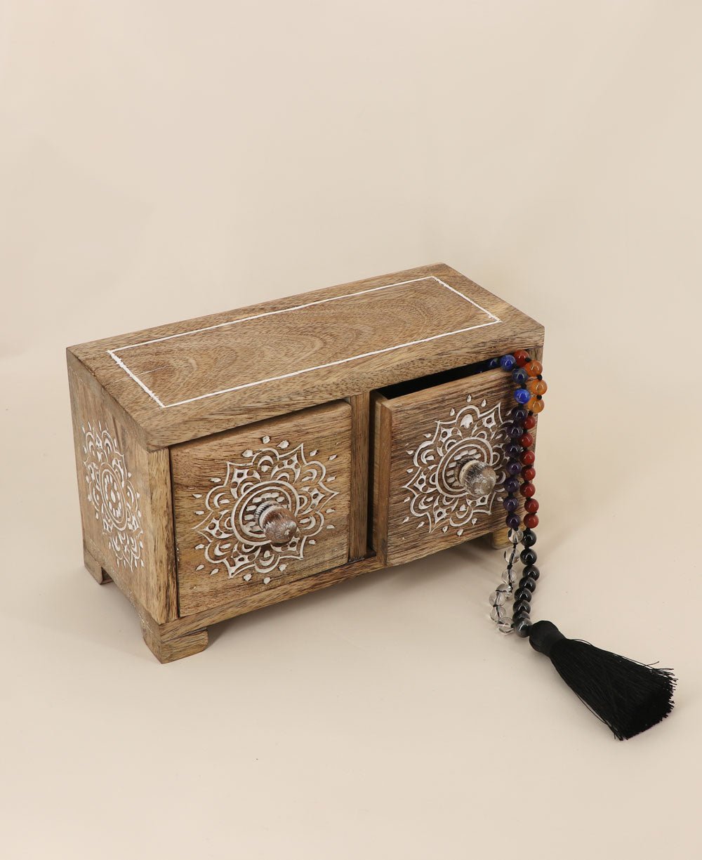 Small Tabletop Carved Wood Mandala Pedestal Riser With Drawers、mySite、topwebapps