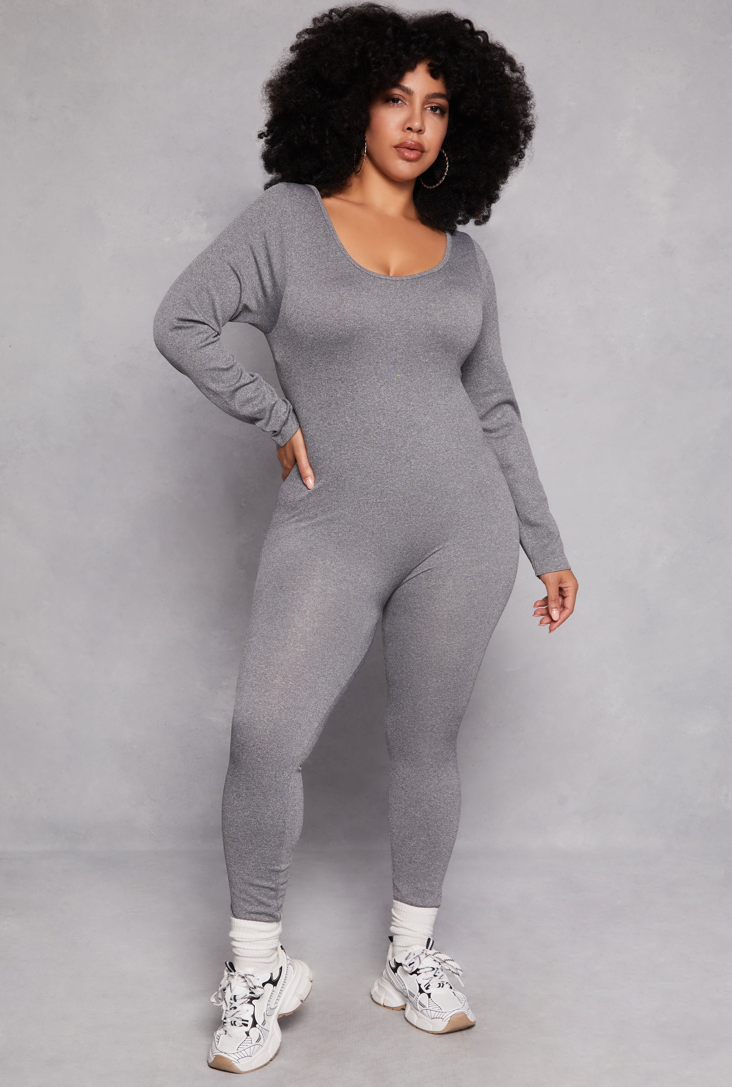 Plus Size Ribbed Knit Long Sleeve Catsuit、mySite、camillekostekn
