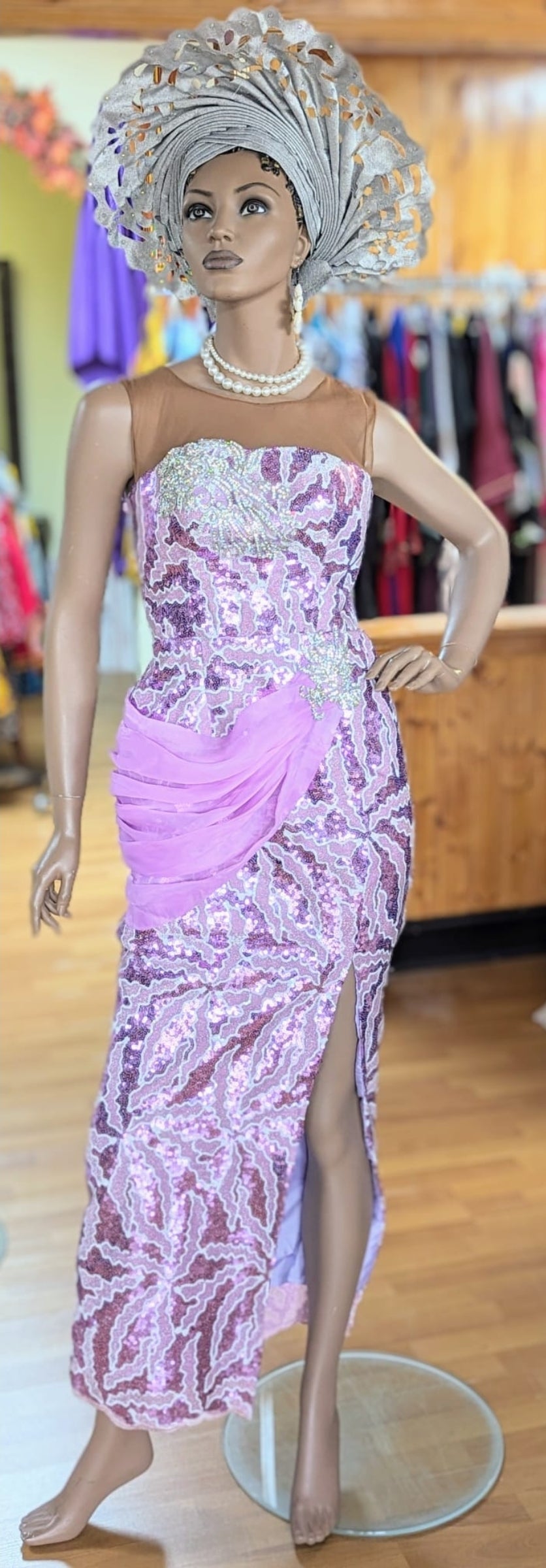Maha Light Lilac Muave African Sleeveless Lace Sequins Maxi Bustier Dress-DPXLLD3、mySite、solidvoid