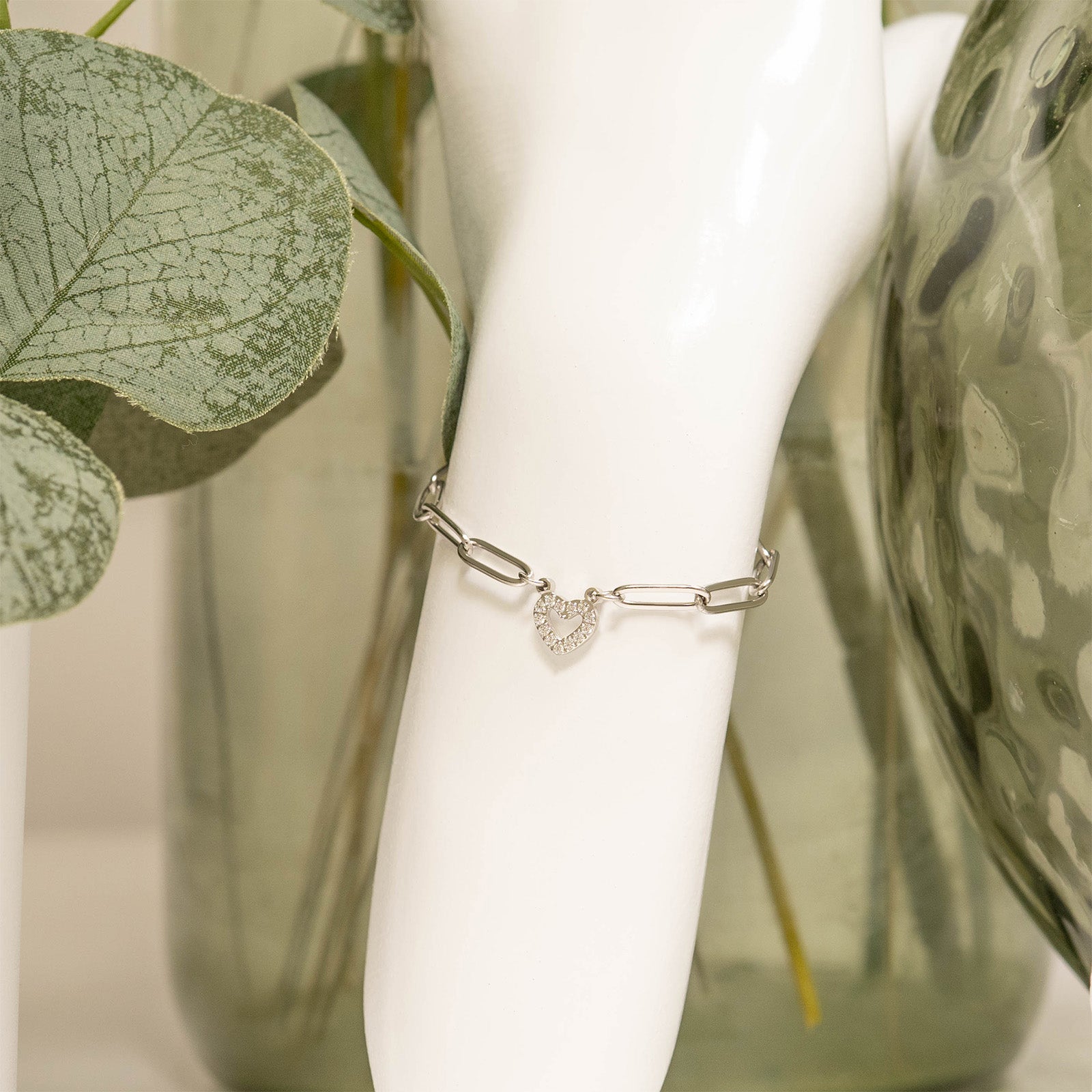 18K Gold PVD Stainless Steel Stone Heart Paperclip Chain Bracelet / BRJ1006、mySite、dreamappss