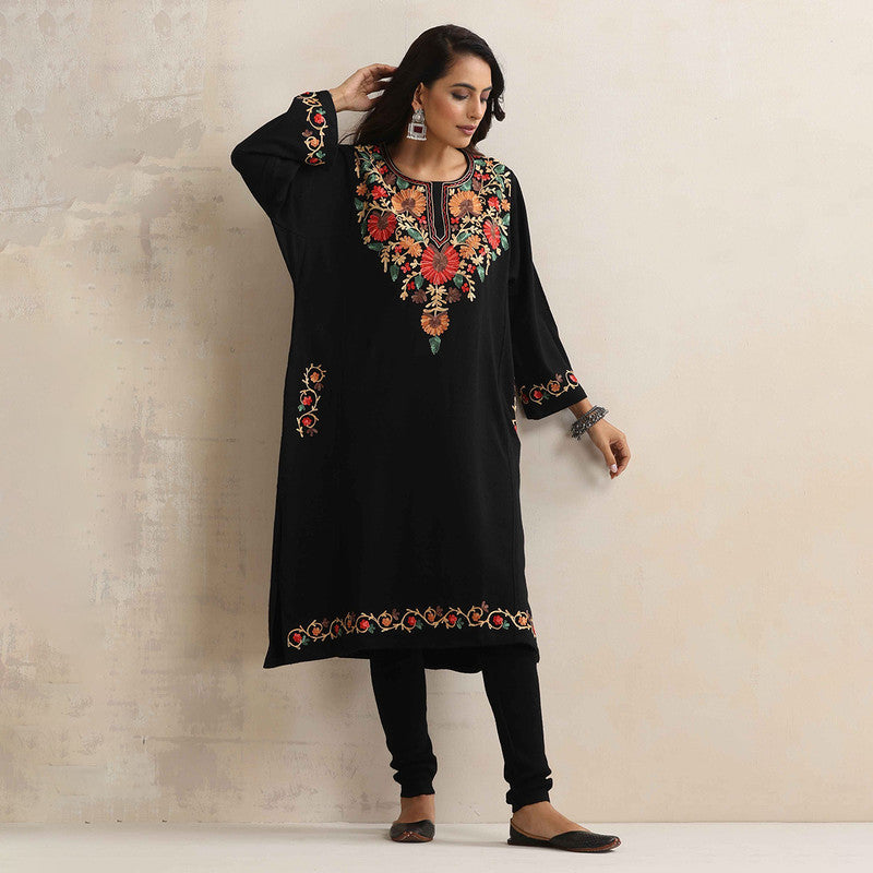 Woolen Kurta For Women | Floral Embroidered | Black、mySite、camillekostekn