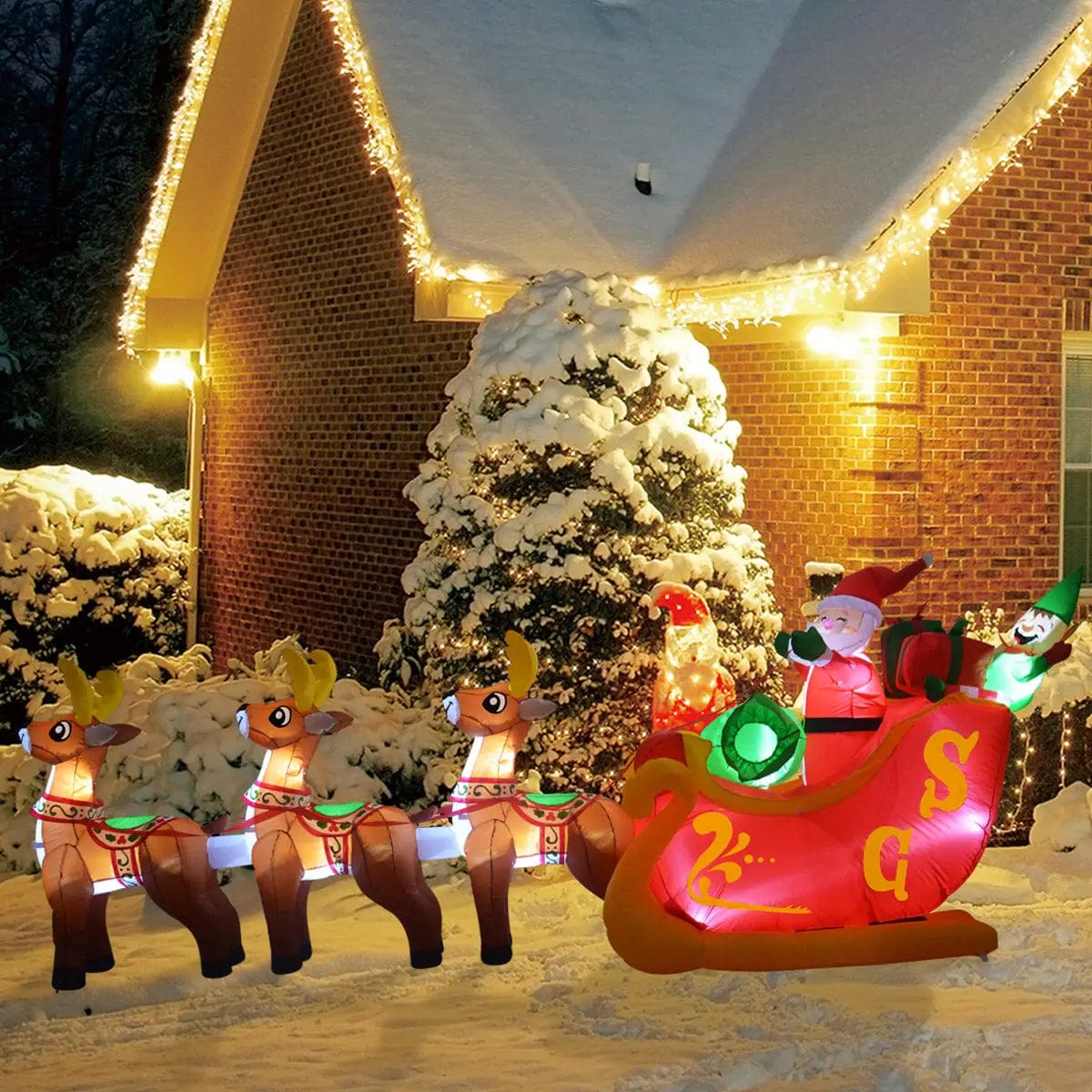 Santa Reindeer Sleigh 12 ft Christmas Inflatable Outdoor/Indoor Decoration with Built-in LED Lights、mySite、g9winljtr