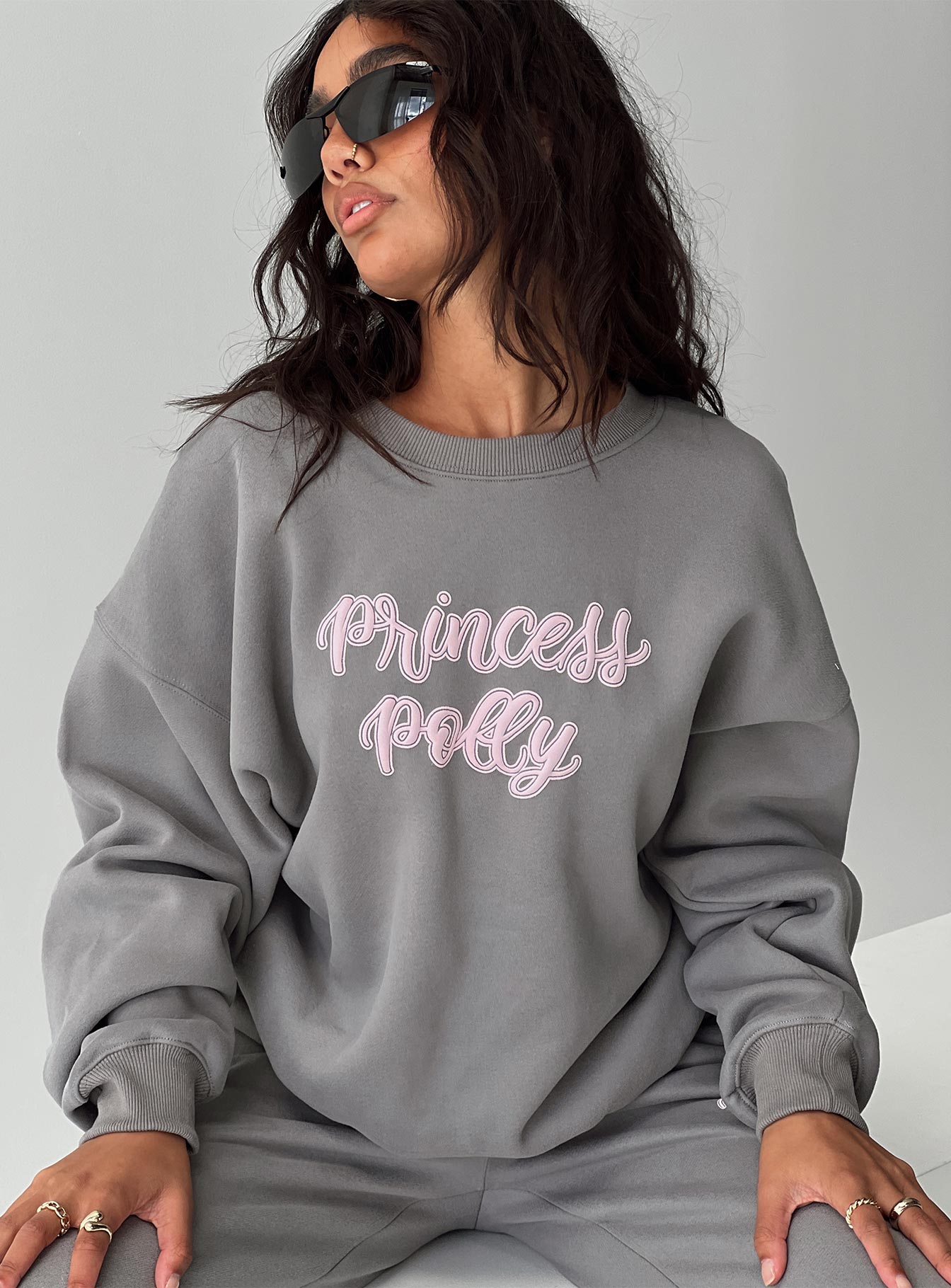 Princess Polly Crew Neck Sweatshirt Puff Text Charcoal、mySite、solidvoid