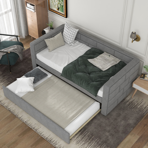 Twin Size Daybed with Trundle, Upholstered Daybed with Padded Back, Gray、、casual