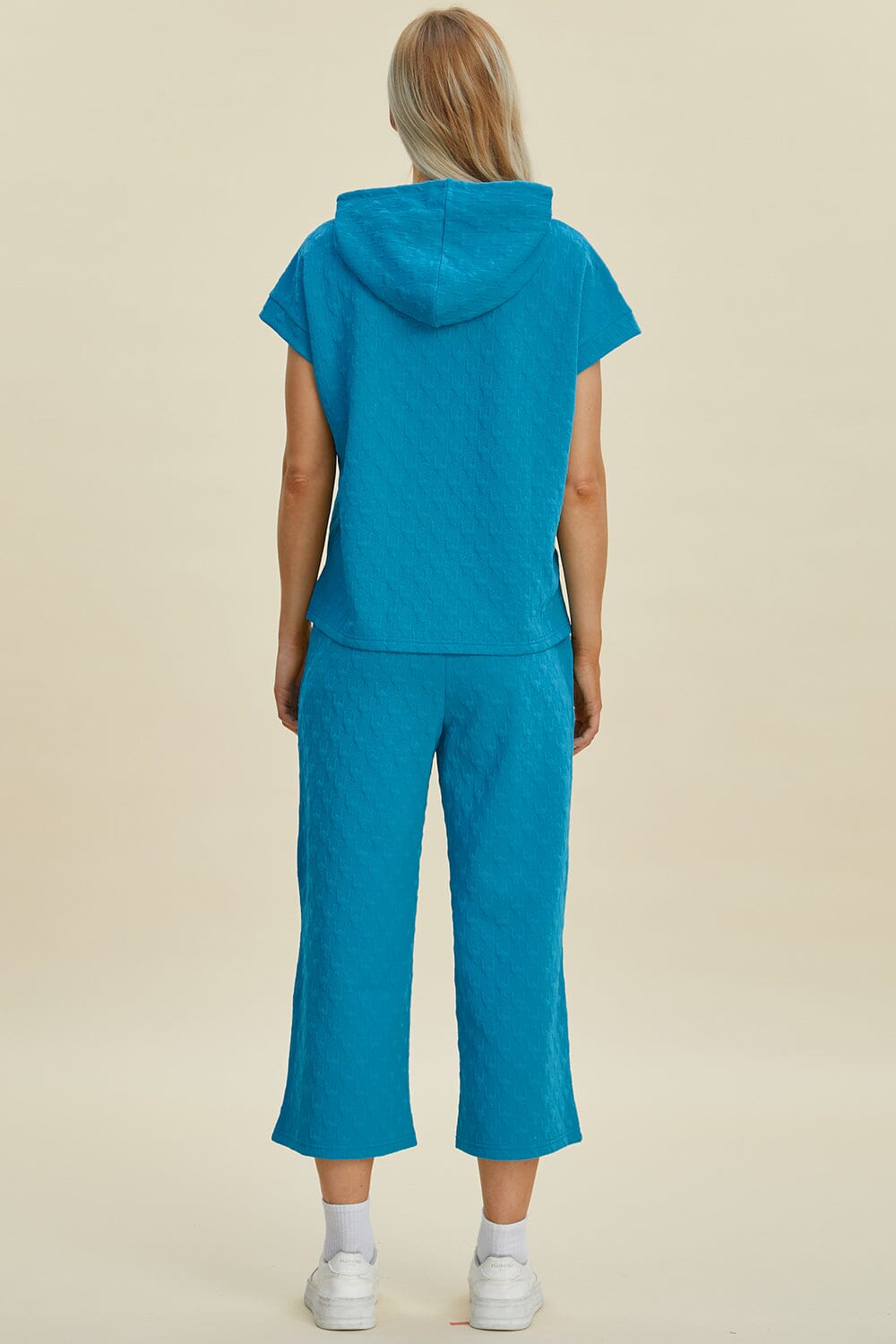 Double Take Full Size Texture Drawstring Short Sleeve Hoodie and Pocketed Pants Set、mySite、camillekostekn