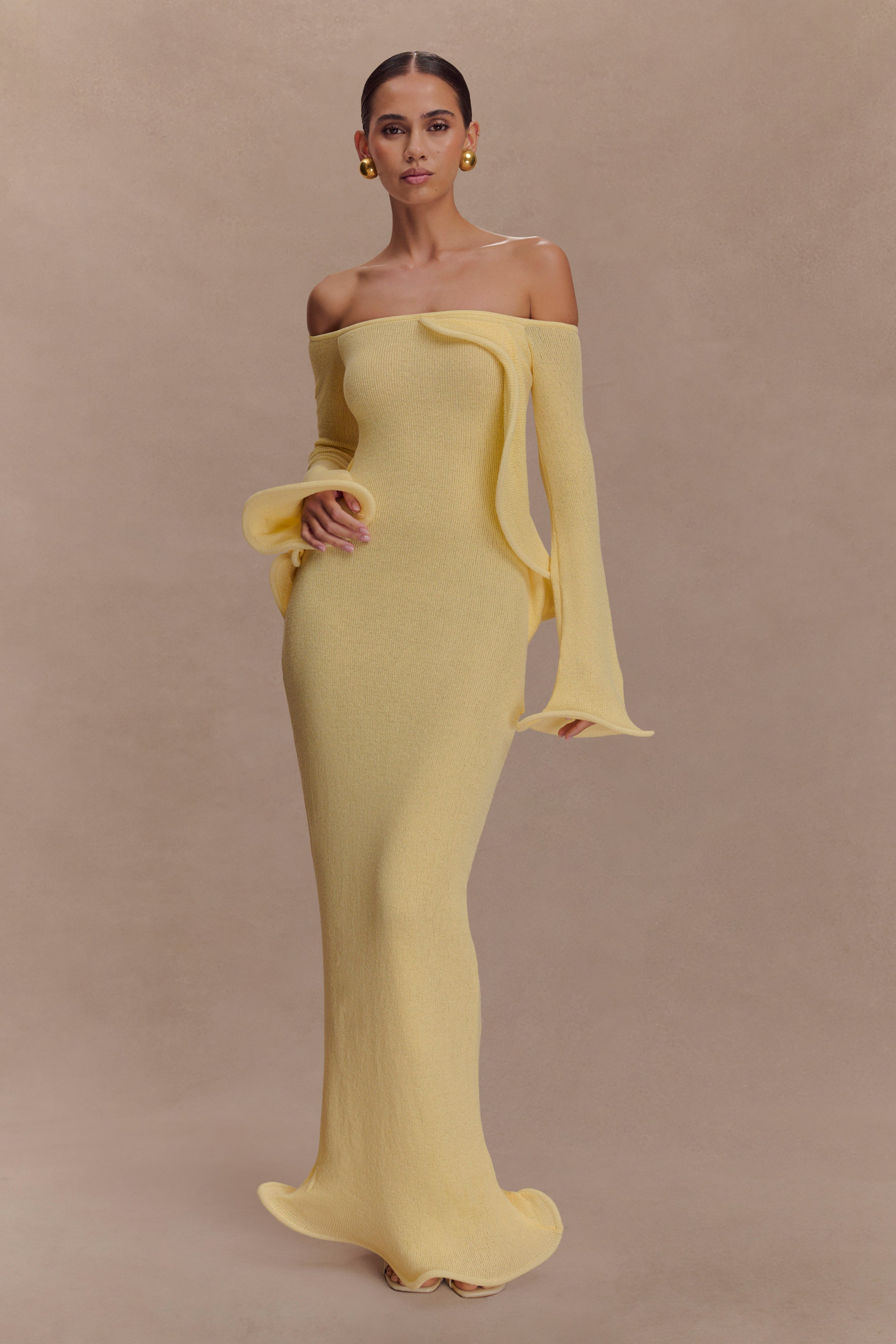 Sandrine Off Shoulder Knit Maxi Dress - Lemon、mySite、solidvoid
