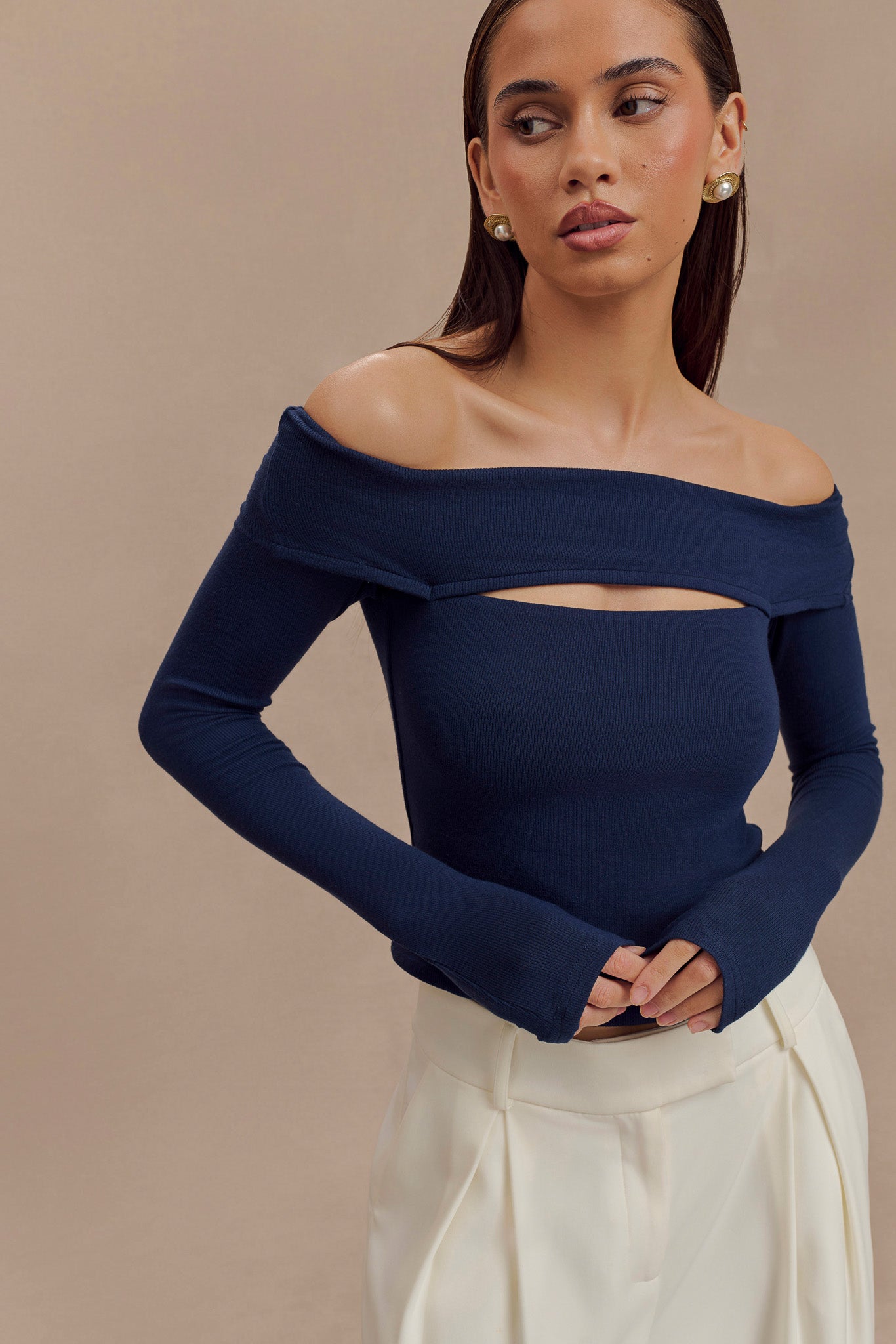 Briah Cut Out Modal Long Sleeve Top - Dark Navy、mySite、solidvoid