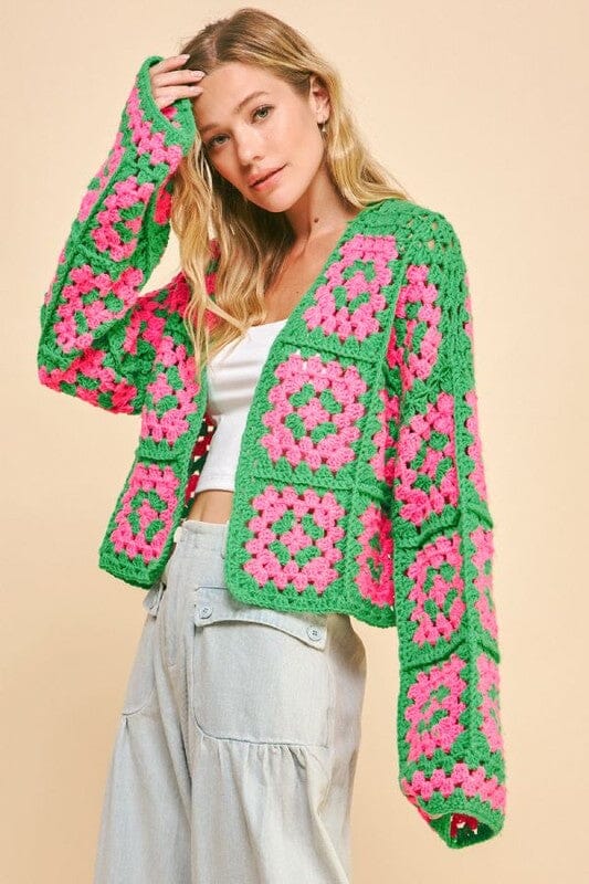Davi & Dani Full Size Two Tone Flower Square Crochet Open Front Cardigan、mySite、camillekostekn